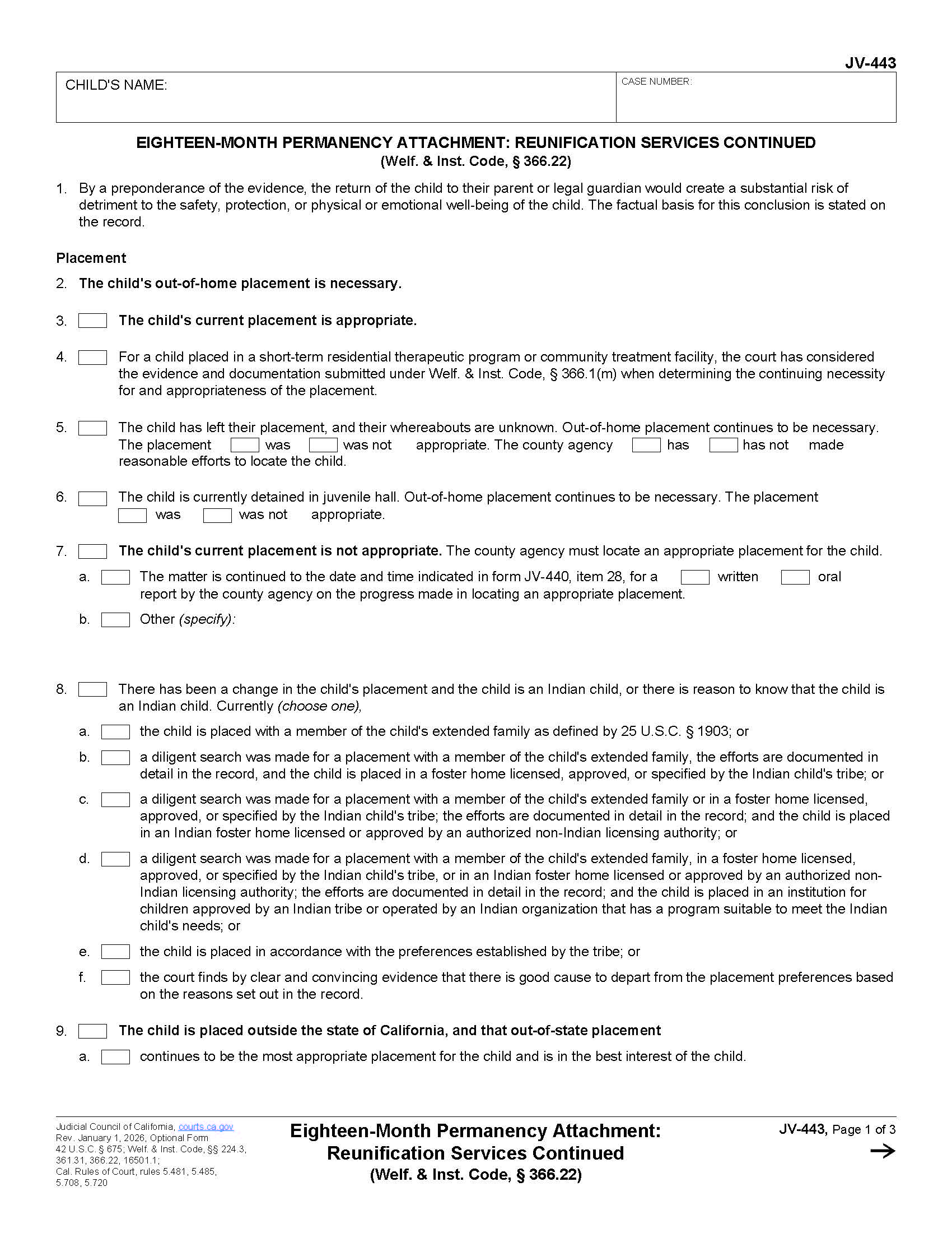 Eighteen-Month Permanency Attachment-Runification Services Continued {JV-443} | Pdf Fpdf Docx | California