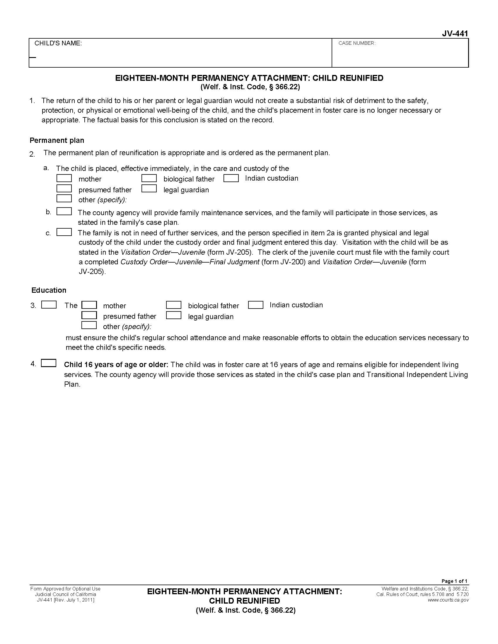 Eighteen-Month Prepermanency Attachment Child Reunified {JV-441} | Pdf Fpdf Doc Docx | California
