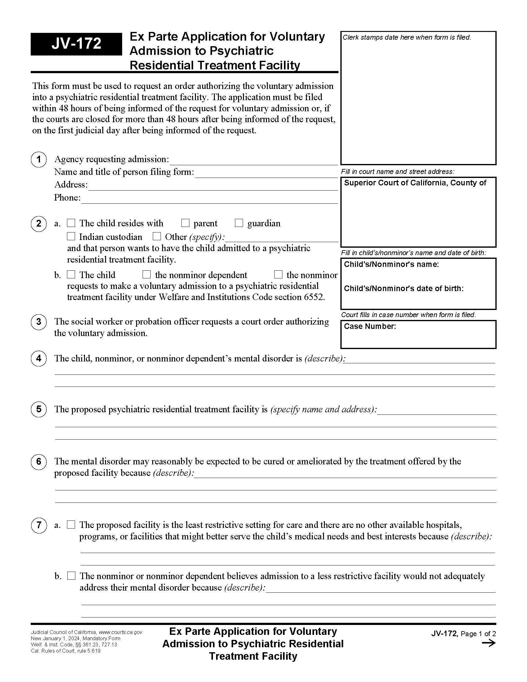 Ex Parte Application For Voluntary Admission To Psychiatric Residential Treatment Facility {JV-172} | Pdf Fpdf Docx | California