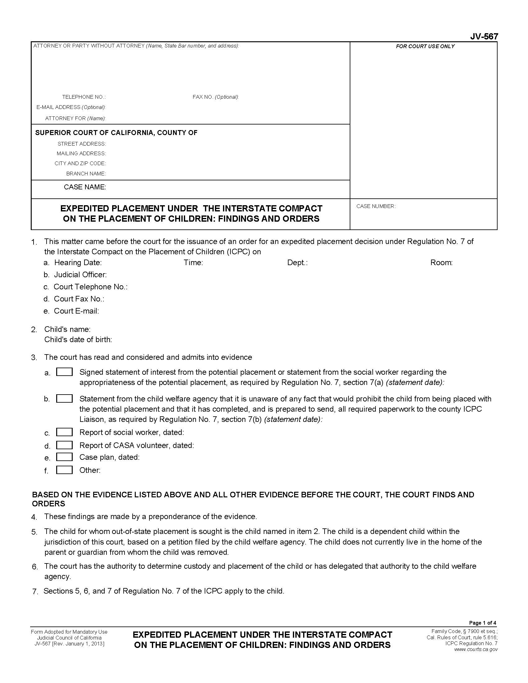 Expedited Placement Under The Interstate Compact On The Placement Of Children {JV-567} | Pdf Fpdf Doc Docx | California