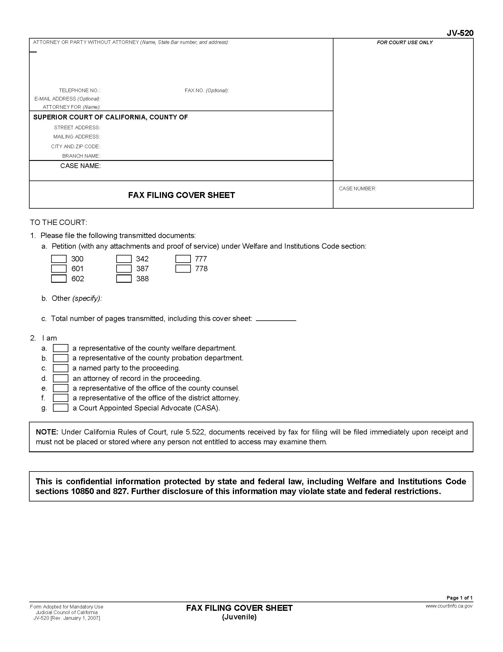 Fax Filing Cover Sheet (Juvenile) {JV-520} | Pdf Fpdf Doc Docx | California