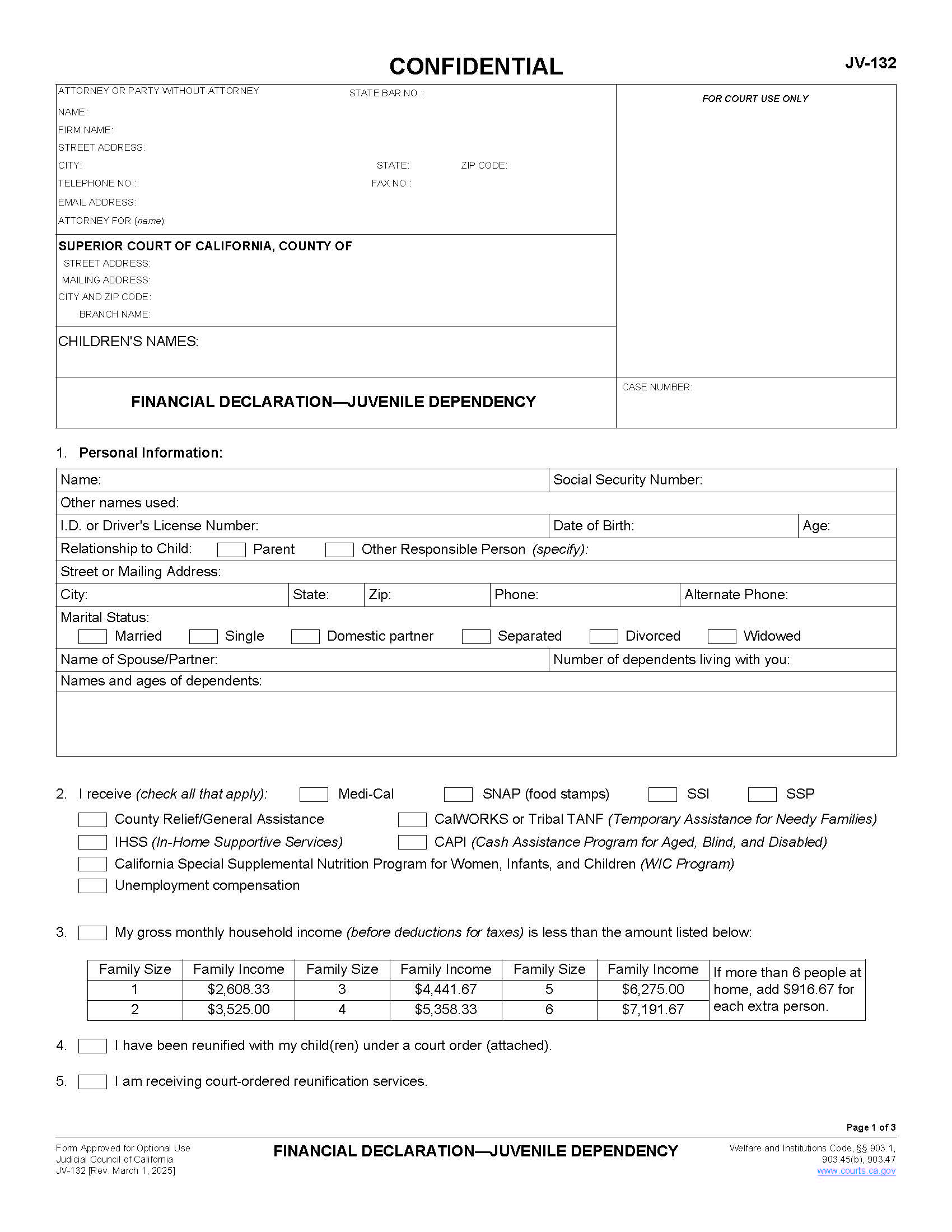 Financial Declaration-Juvenile Dependency (Juvenile) {JV-132} | Pdf Fpdf Docx | California