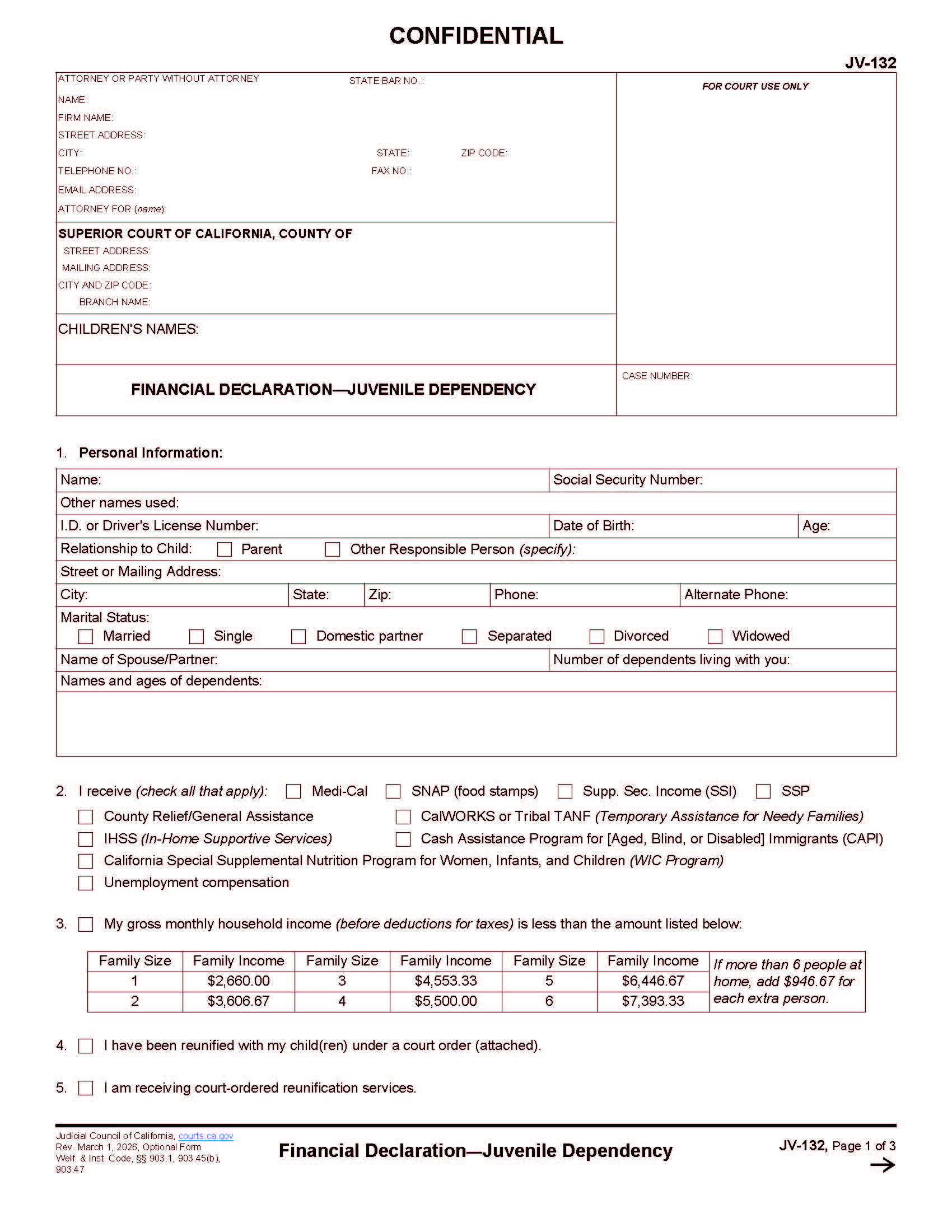 Financial Declaration-Juvenile Dependency (Juvenile) {JV-132} | Pdf Fpdf Docx | California