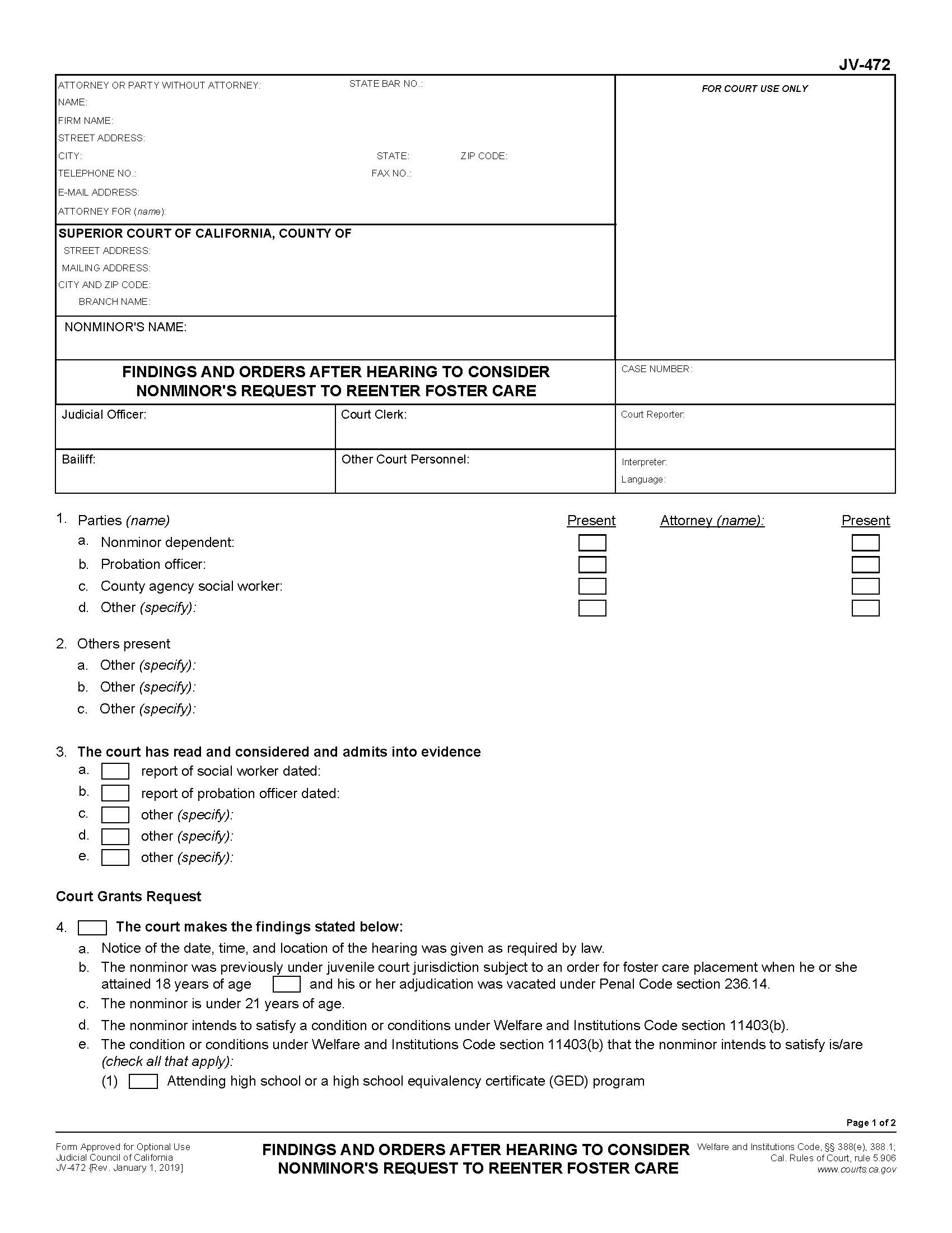 Findings And Order After Hearing To Consider Nonminors Request {JV-472} | Pdf Fpdf Docx | California