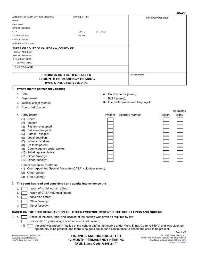 Findings And Orders After 12-Month Permanency Hearing {JV-435} | Pdf Fpdf Docx | California
