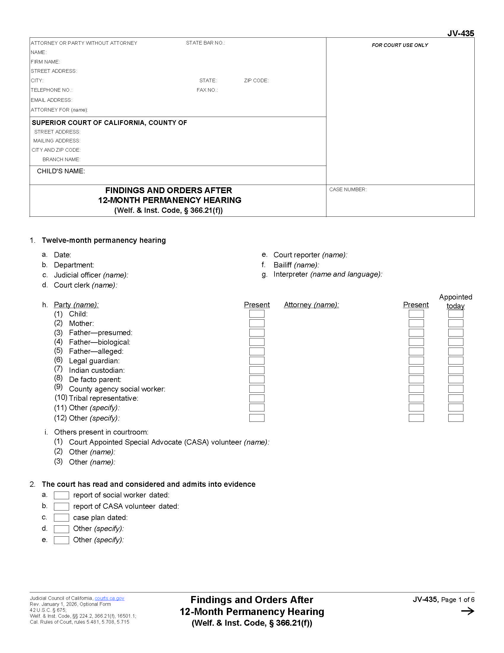 Findings And Orders After 12-Month Permanency Hearing {JV-435} | Pdf Fpdf Docx | California