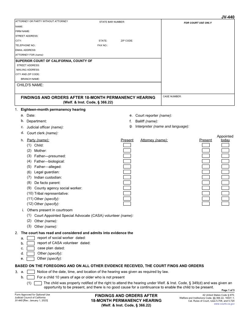 Findings And Orders After 18-Month Permanency Hearing {JV-440} | Pdf Fpdf Docx | California