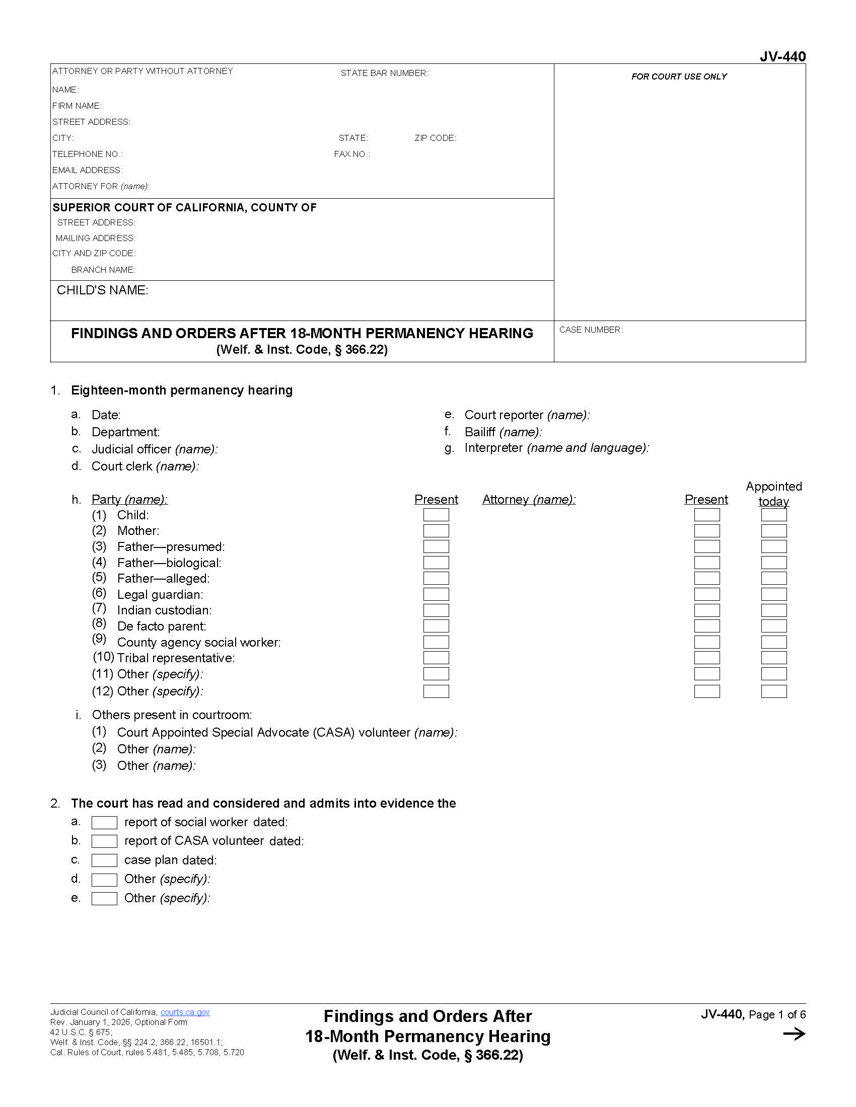 Findings And Orders After 18-Month Permanency Hearing {JV-440} | Pdf Fpdf Docx | California