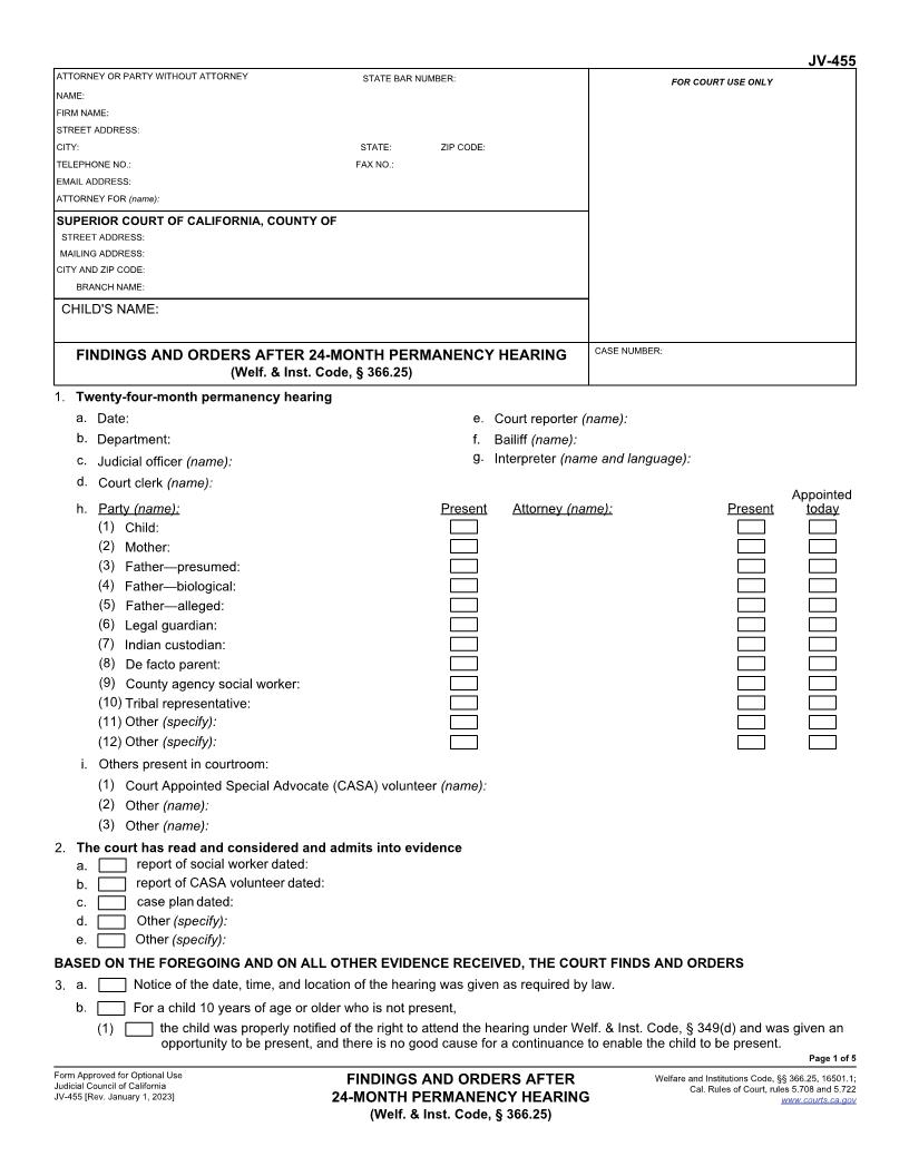 Findings And Orders After 24-Month Permanency Hearing {JV-455} | Pdf Fpdf Docx | California