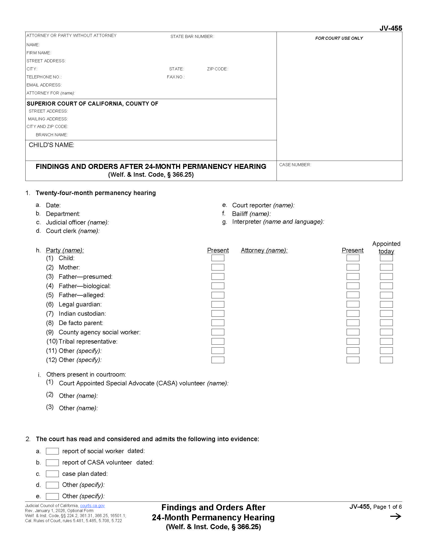 Findings And Orders After 24-Month Permanency Hearing {JV-455} | Pdf Fpdf Docx | California