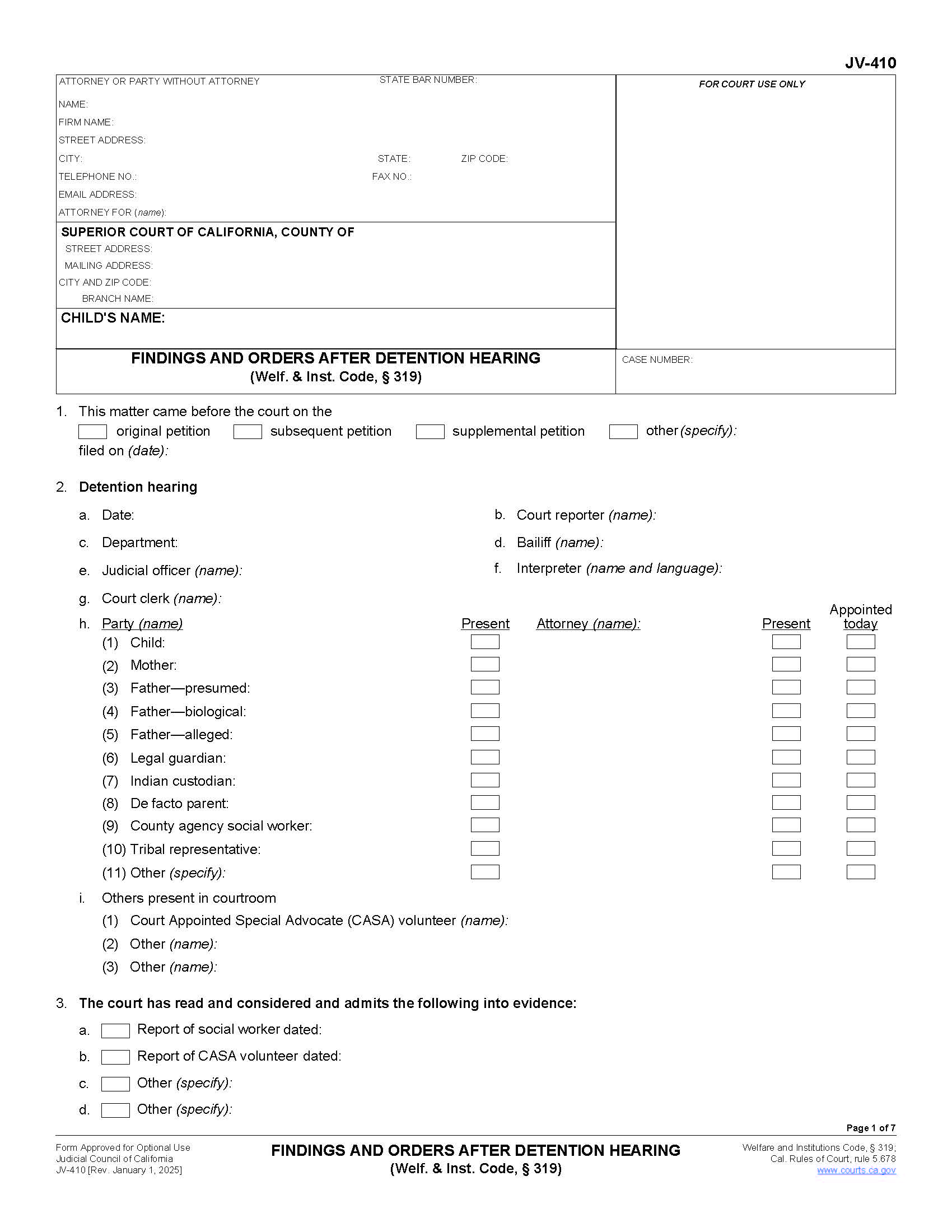 Findings And Orders After Detention Hearing {JV-410} | Pdf Fpdf Doc Docx | California