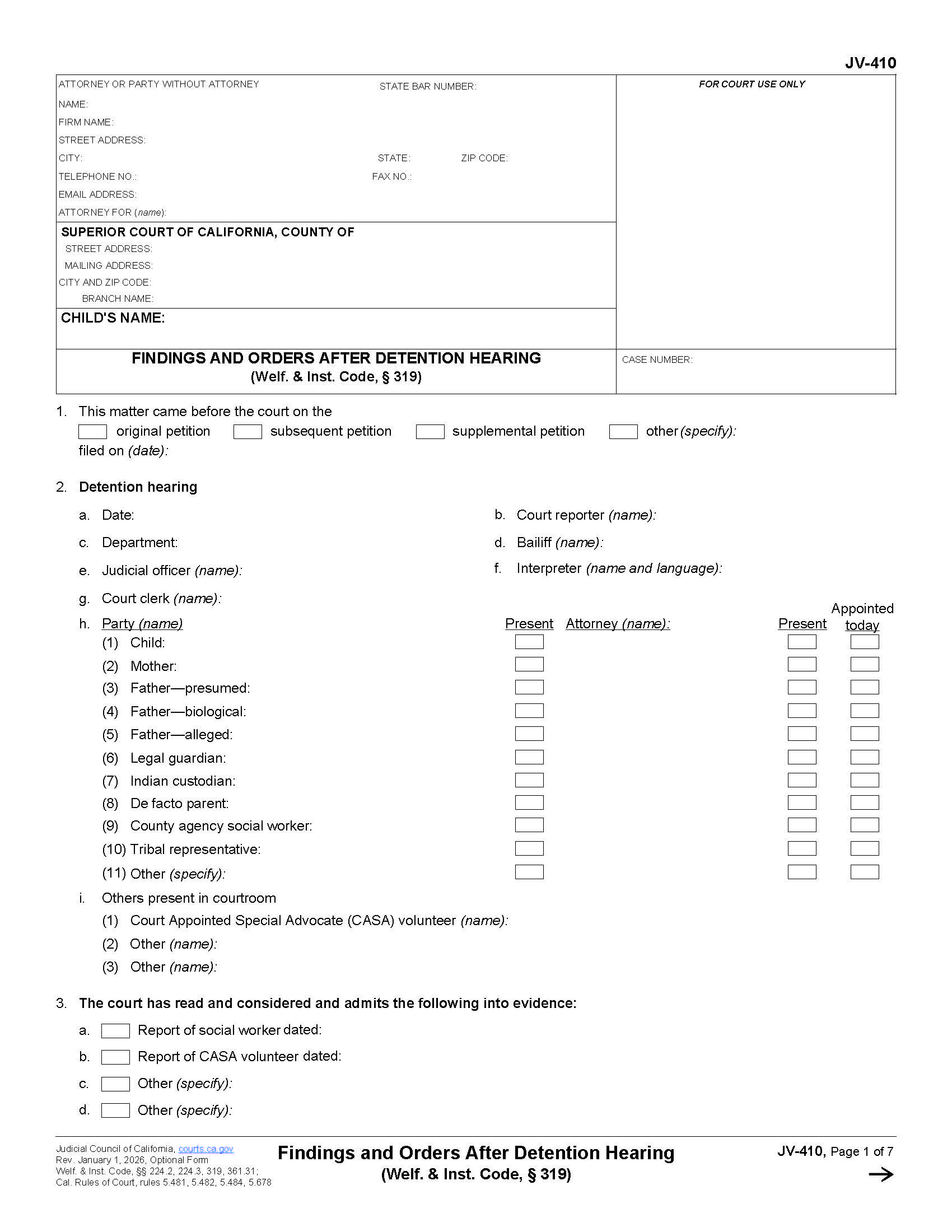Findings And Orders After Detention Hearing {JV-410} | Pdf Fpdf Doc Docx | California