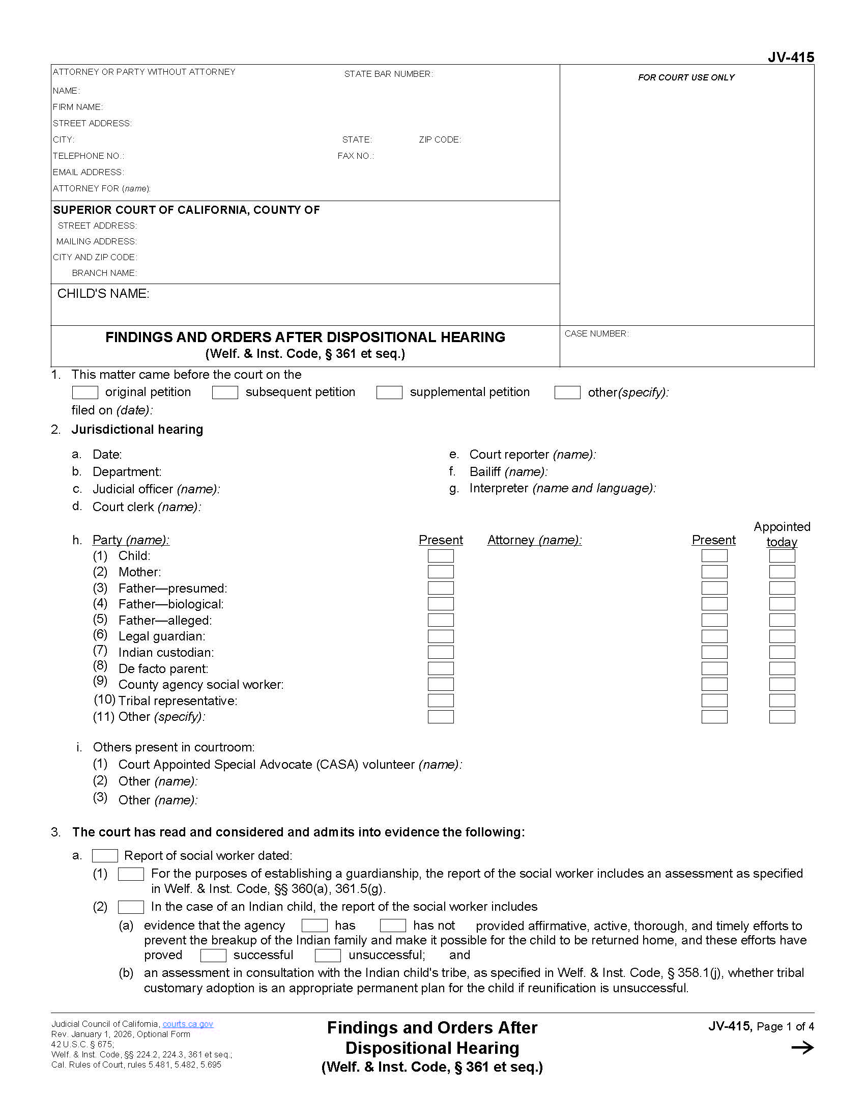 Findings And Orders After Dispositional Hearing {JV-415} | Pdf Fpdf Docx | California