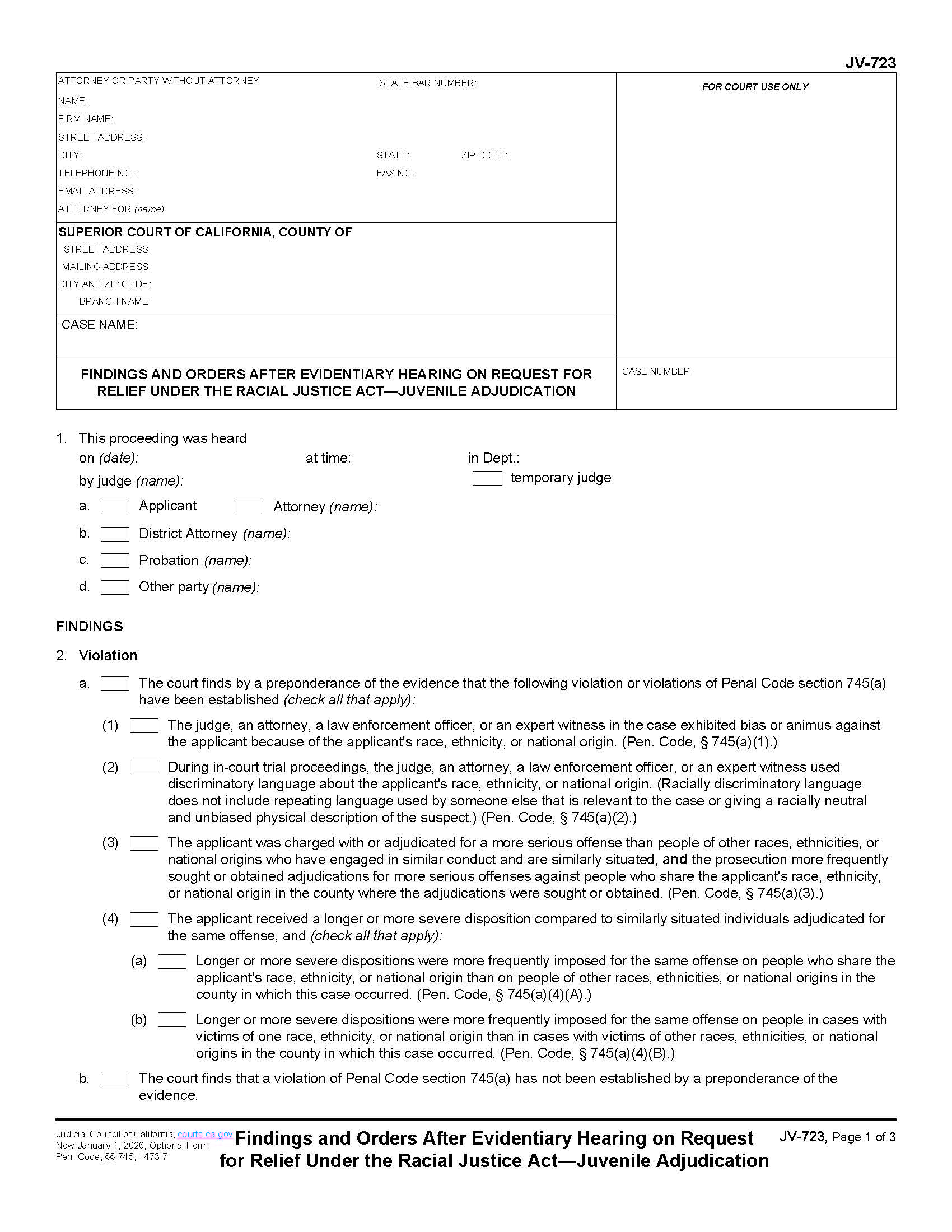 Findings And Orders After Evidentiary Hearing On Request For Relief {JV-723} | Pdf Fpdf Docx | California