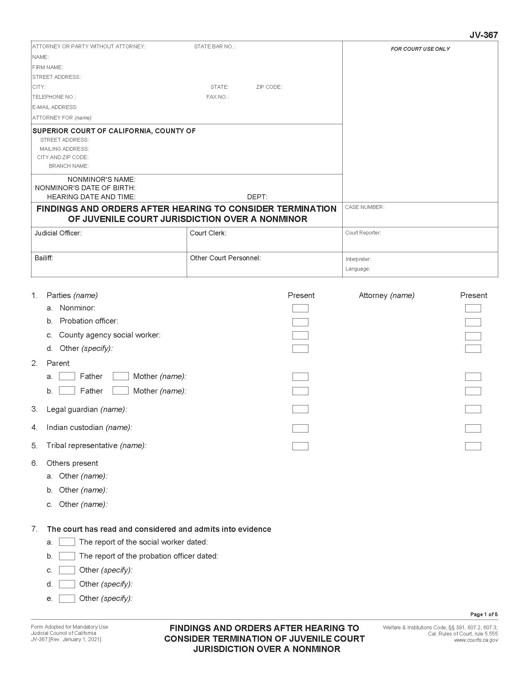 Findings And Orders After Hearing To Consider Termination Of Juvenile Court Jurisdiction {JV-367} | Pdf Fpdf Docx | California