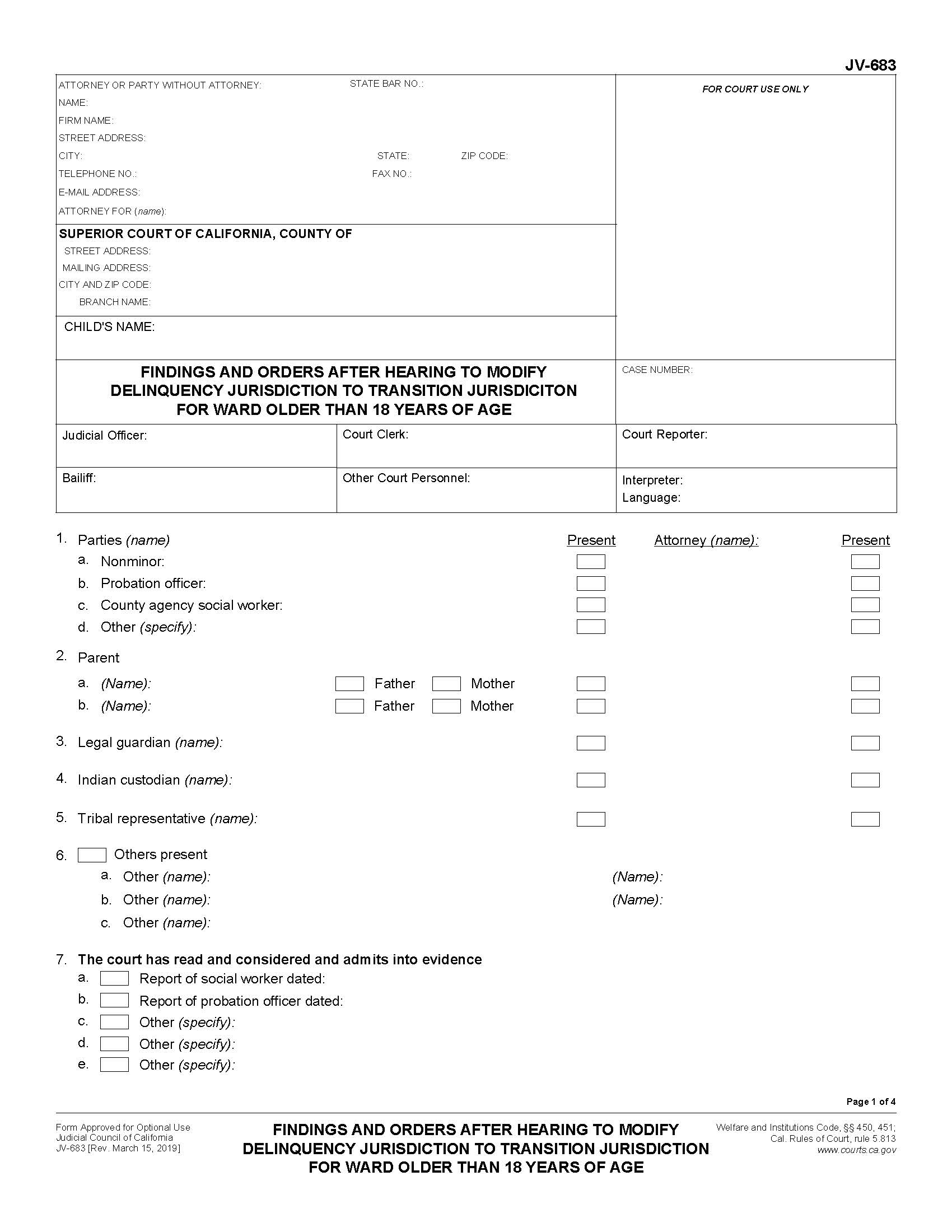 Findings And Orders After Hearing To Modify Delinquency Jurisdiction {JV-683} | Pdf Fpdf Doc Docx | California