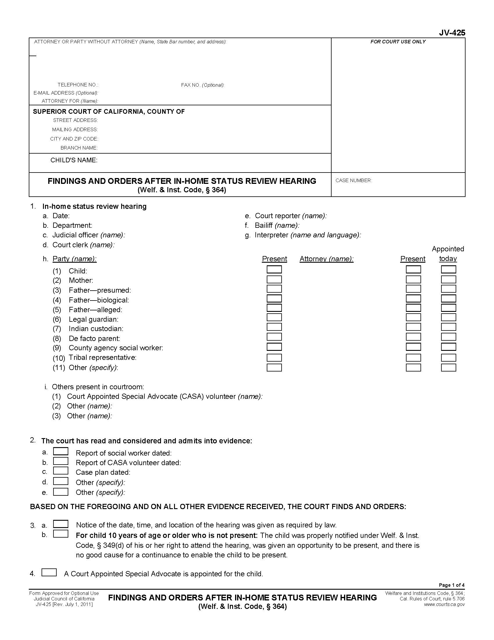 Findings And Orders After In-Home Status Review Hearing {JV-425} | Pdf Fpdf Doc Docx | California