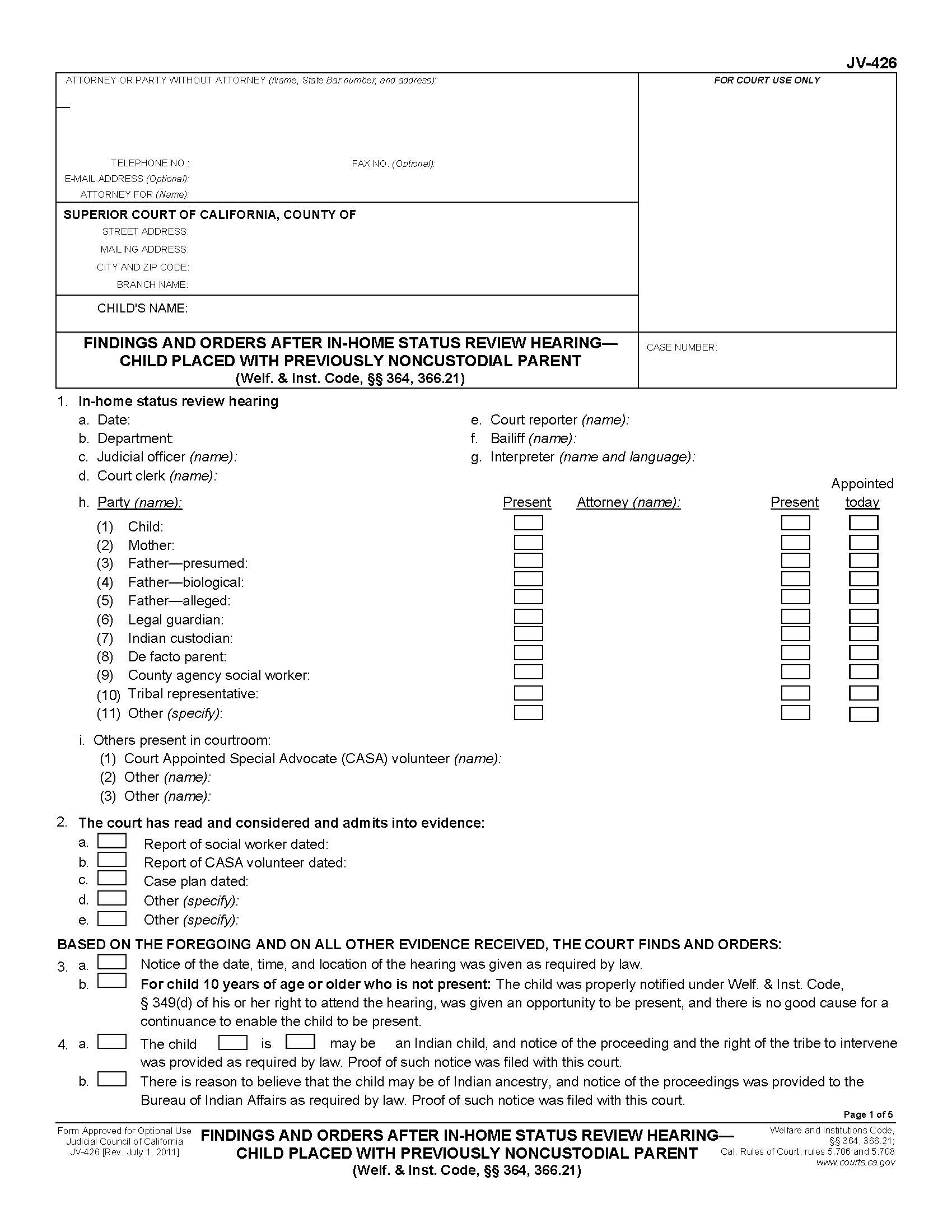 Findings And Orders After In-Home Status Review Hearing-Child Placed With Previously Noncustodial Parent {JV-426} | Pdf Fpdf Doc Docx | California