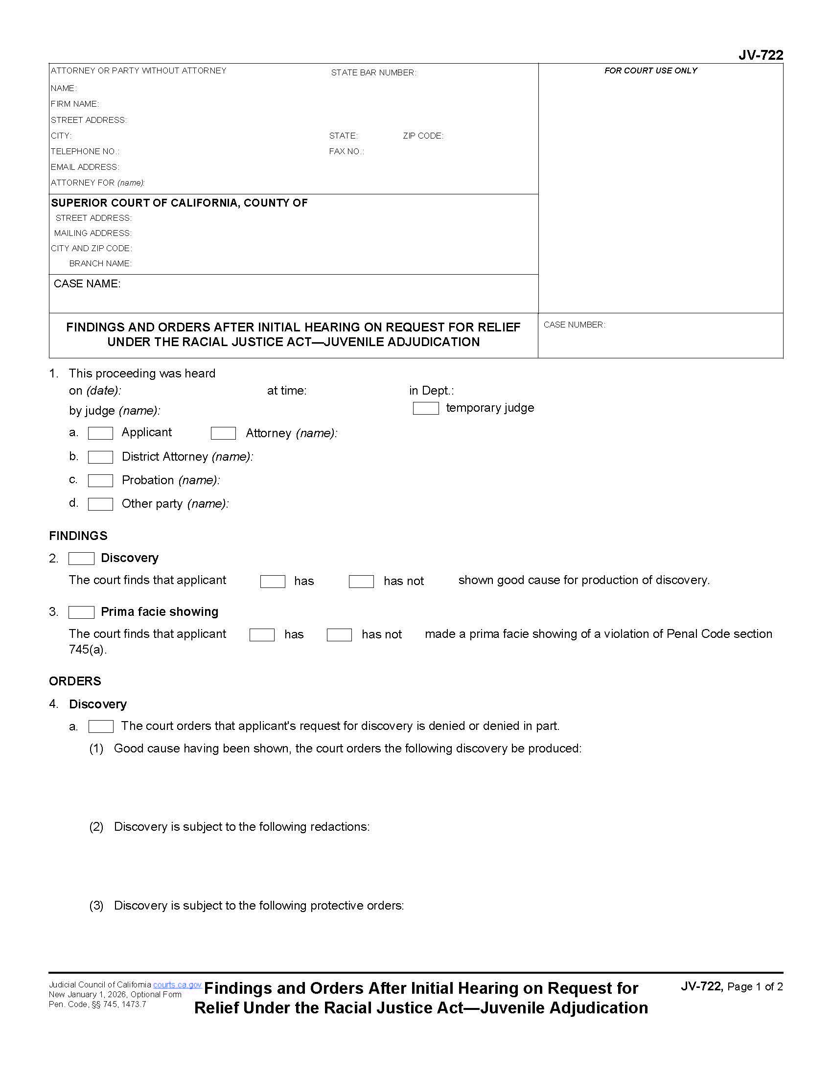 Findings And Orders After Initial Hearing On Request For Relief {JV-722} | Pdf Fpdf Docx | California