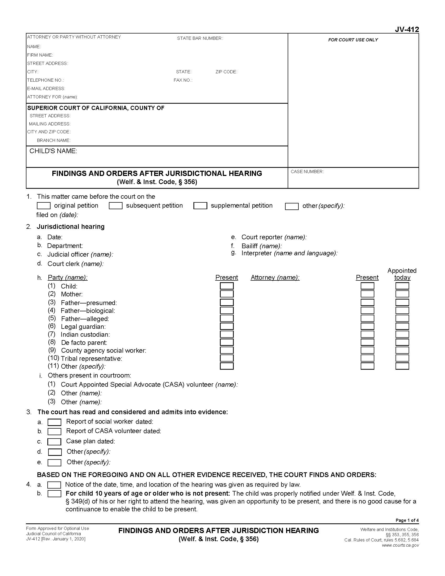 Findings And Orders After Jurisdictional Hearing {JV-412} | Pdf Fpdf Doc Docx | California