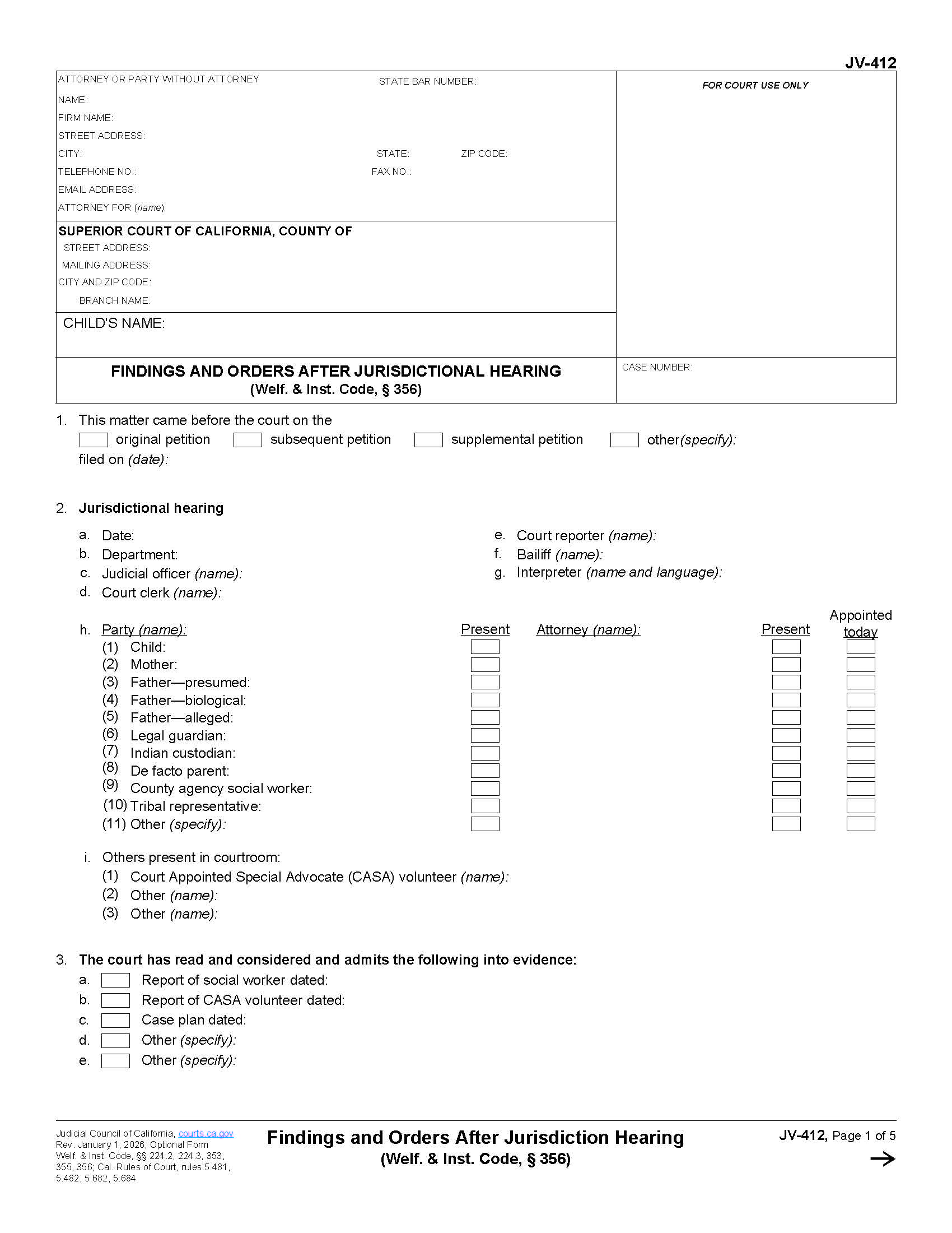 Findings And Orders After Jurisdictional Hearing {JV-412} | Pdf Fpdf Doc Docx | California
