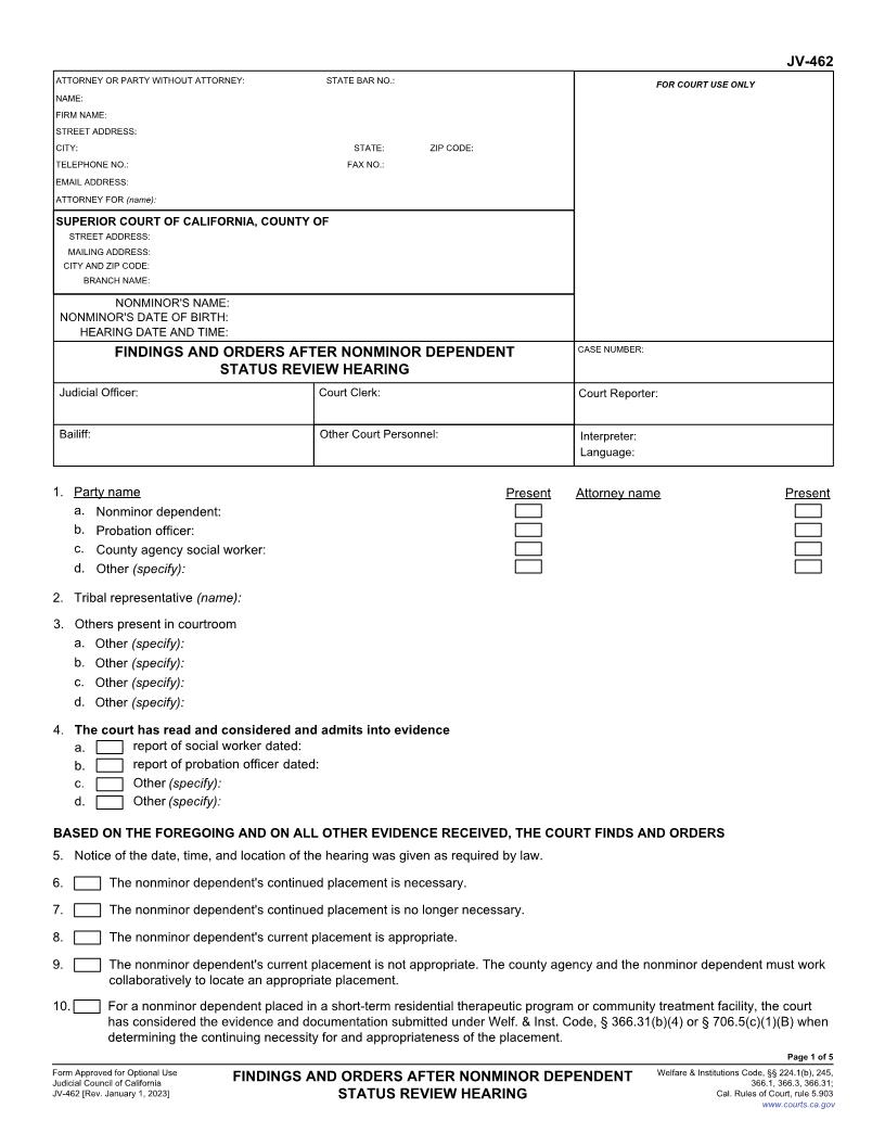 Findings And Orders After Nonminor Dependent Status Review Hearing {JV-462} | Pdf Fpdf Docx | California