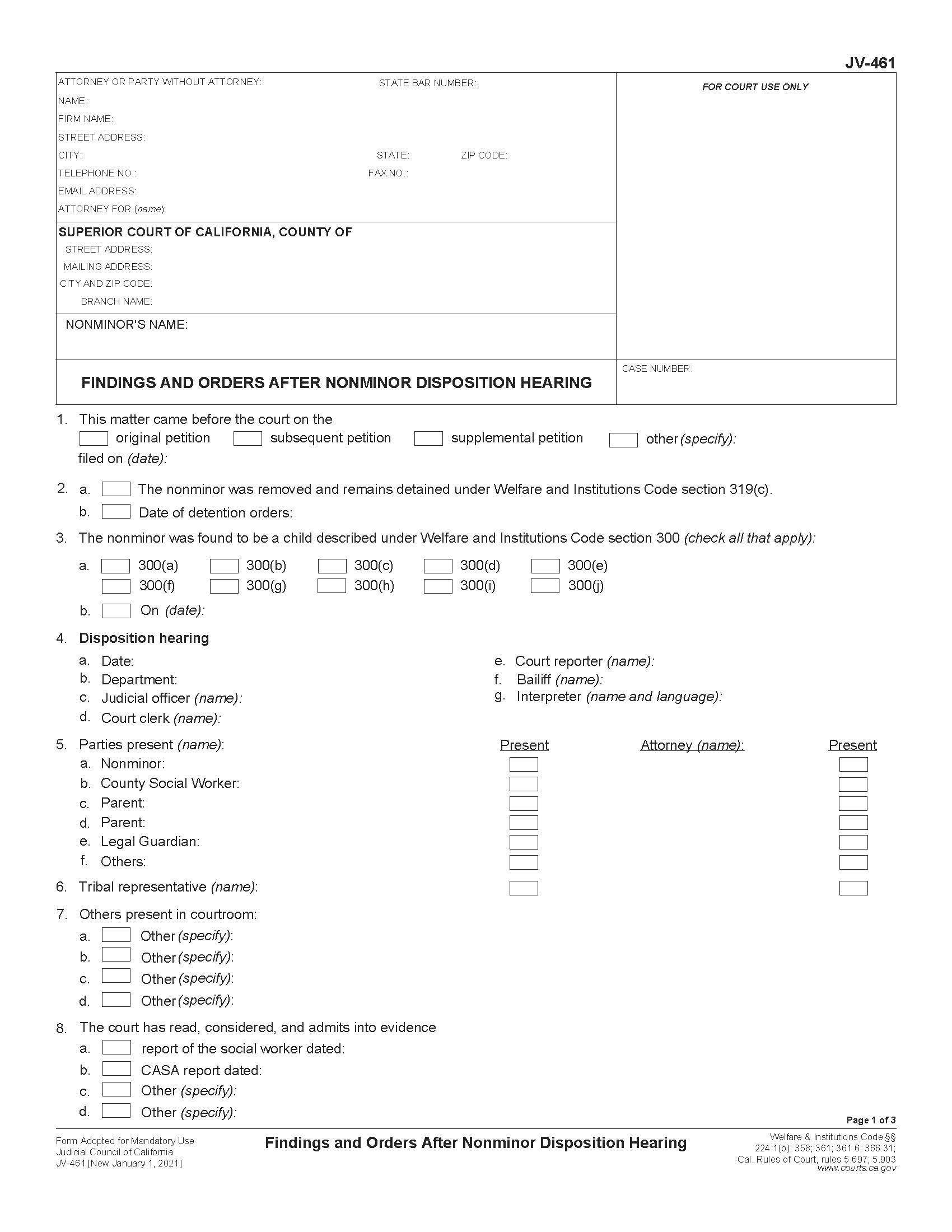 Findings And Orders After Nonminor Disposition Hearing {JV-461} | Pdf Fpdf Docx | California