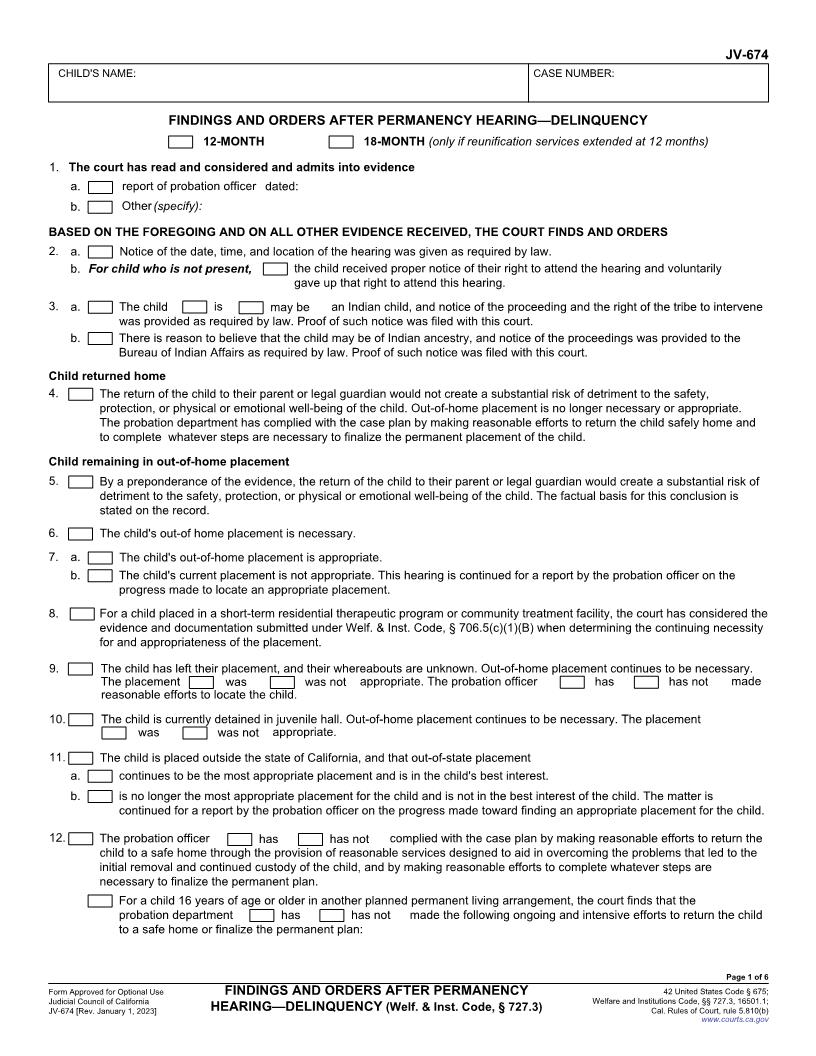 Findings And Orders After Permanency Hearing-Delinquency {JV-674} | Pdf Fpdf Docx | California