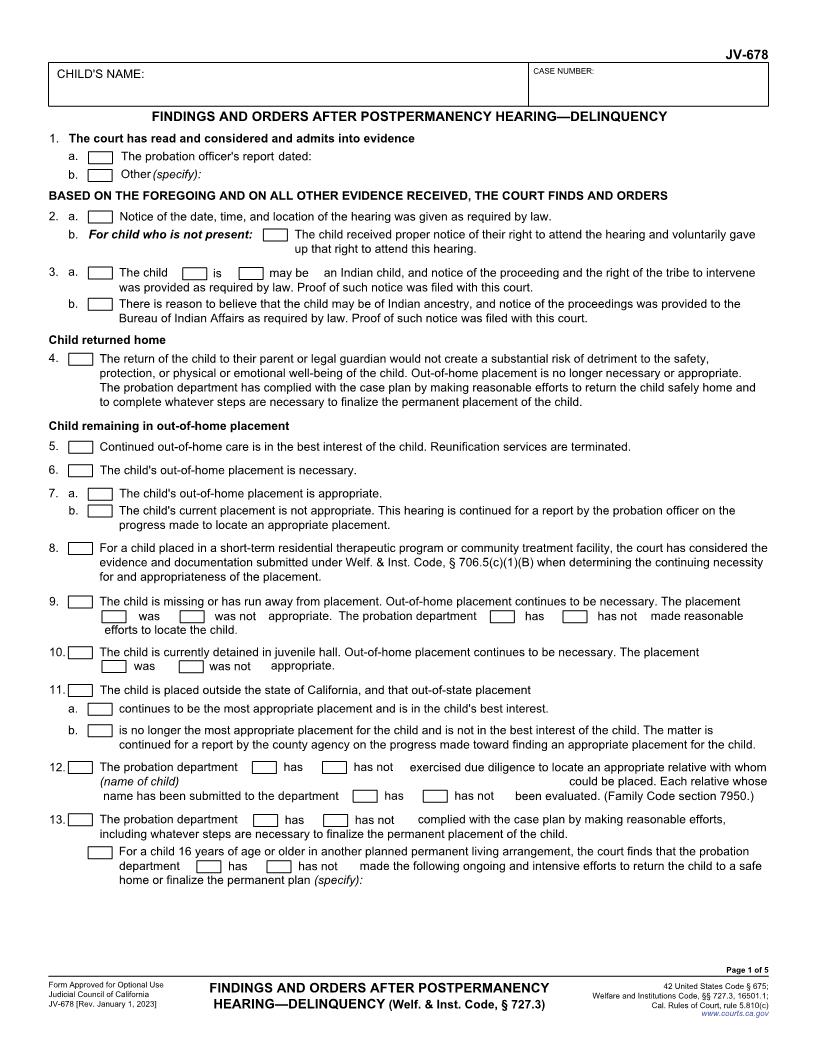 Findings And Orders After Postpermanency Hearing-Delinquency {JV-678} | Pdf Fpdf Docx | California
