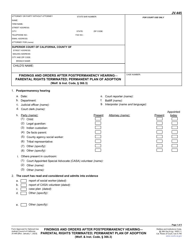 Findings And Orders After Postpermanency Hearing-Parental Rights Terminated Permanent Plan Of Adoption {JV-445} | Pdf Fpdf Docx | California