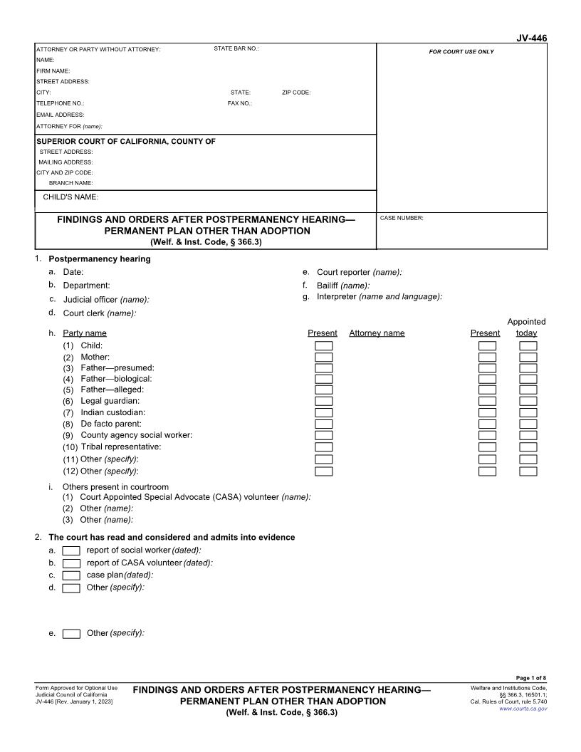 Findings And Orders After Postpermanency Hearing-Permenent Plan Other Than Adoption {JV-446} | Pdf Fpdf Docx | California
