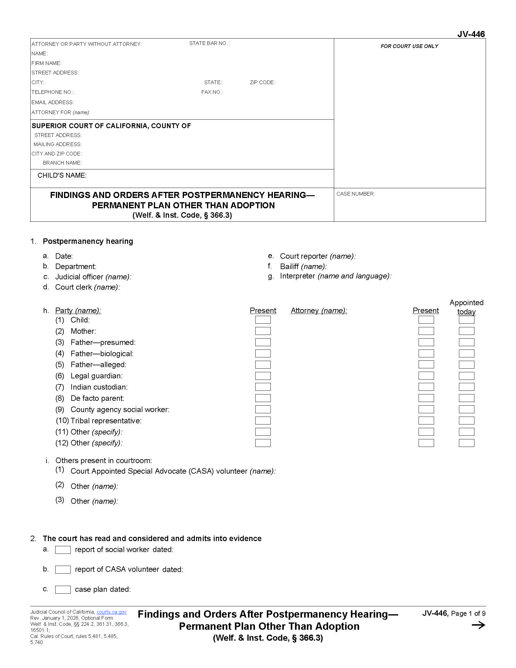 Findings And Orders After Postpermanency Hearing-Permenent Plan Other Than Adoption {JV-446} | Pdf Fpdf Docx | California