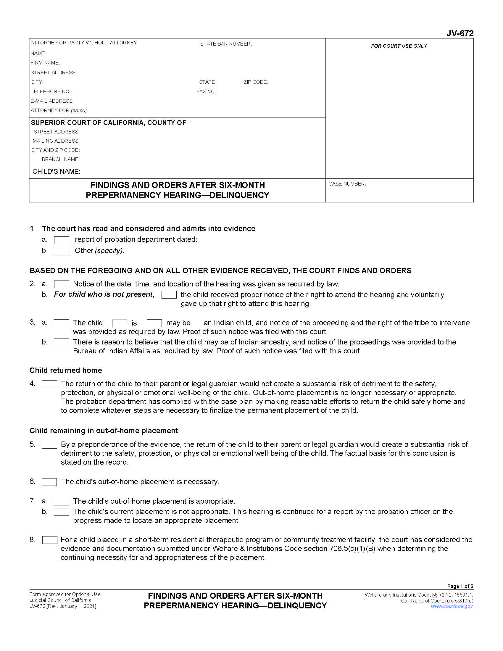 Findings And Orders After Six-Month Prepermanency Hearing-Delinquency {JV-672} | Pdf Fpdf Docx | California