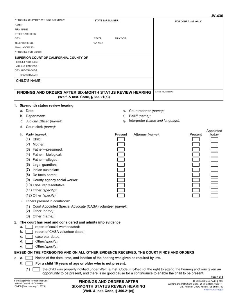 Findings And Orders After Six-Month Status Review Hearing {JV-430} | Pdf Fpdf Docx | California