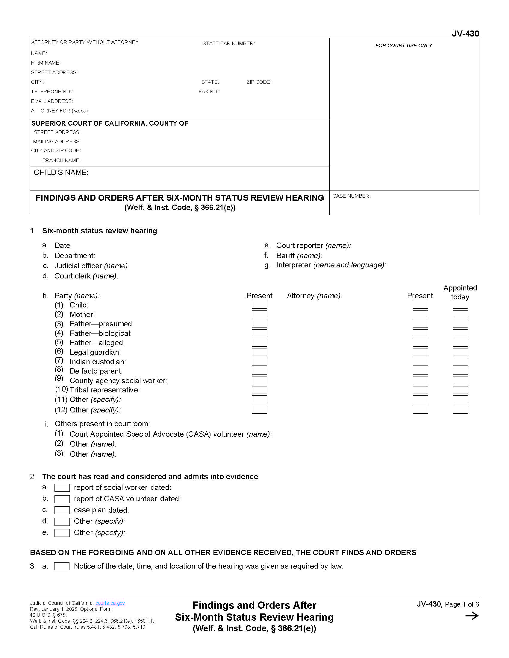 Findings And Orders After Six-Month Status Review Hearing {JV-430} | Pdf Fpdf Docx | California