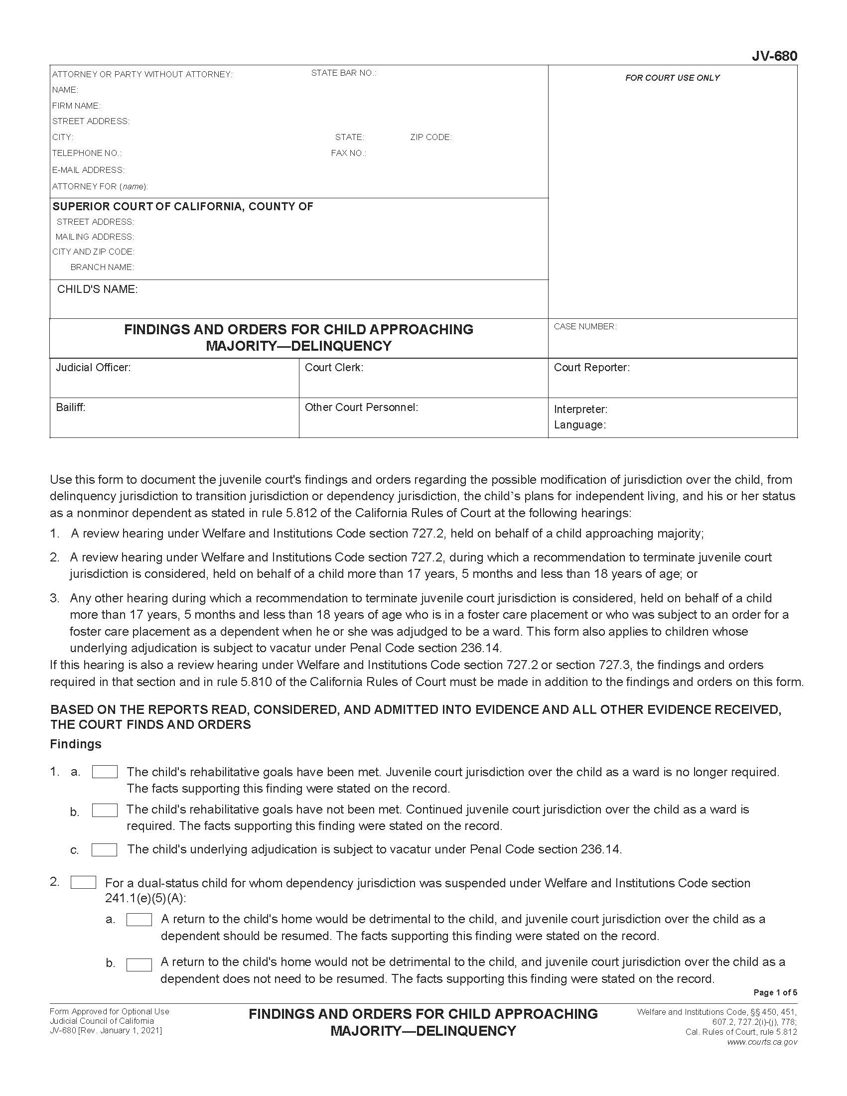 Findings And Orders For Child Approaching Majority-Delinquency {JV-680} | Pdf Fpdf Docx | California