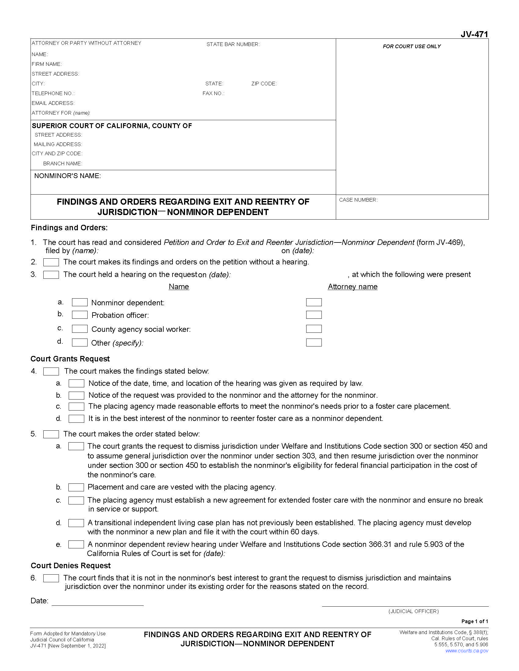 Findings And Orders Regarding Exit And Reentry Of Jurisdiction-Nonminor Dependent {JV-471} | Pdf Fpdf Docx | California