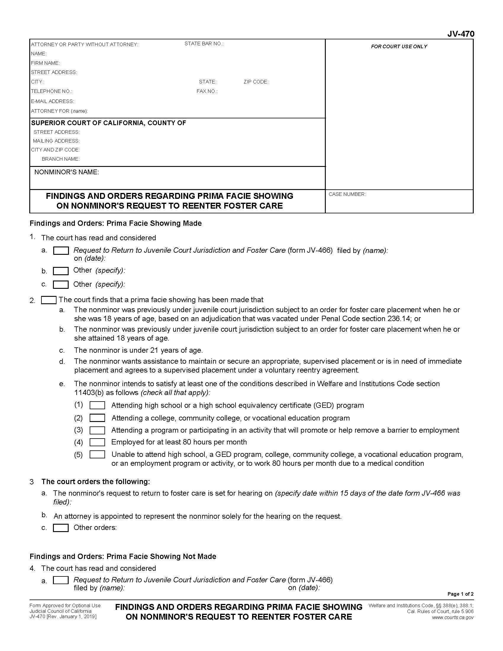 Findings And Orders Regarding Prima Facie Showing On Nonminors Request {JV-470} | Pdf Fpdf Docx | California