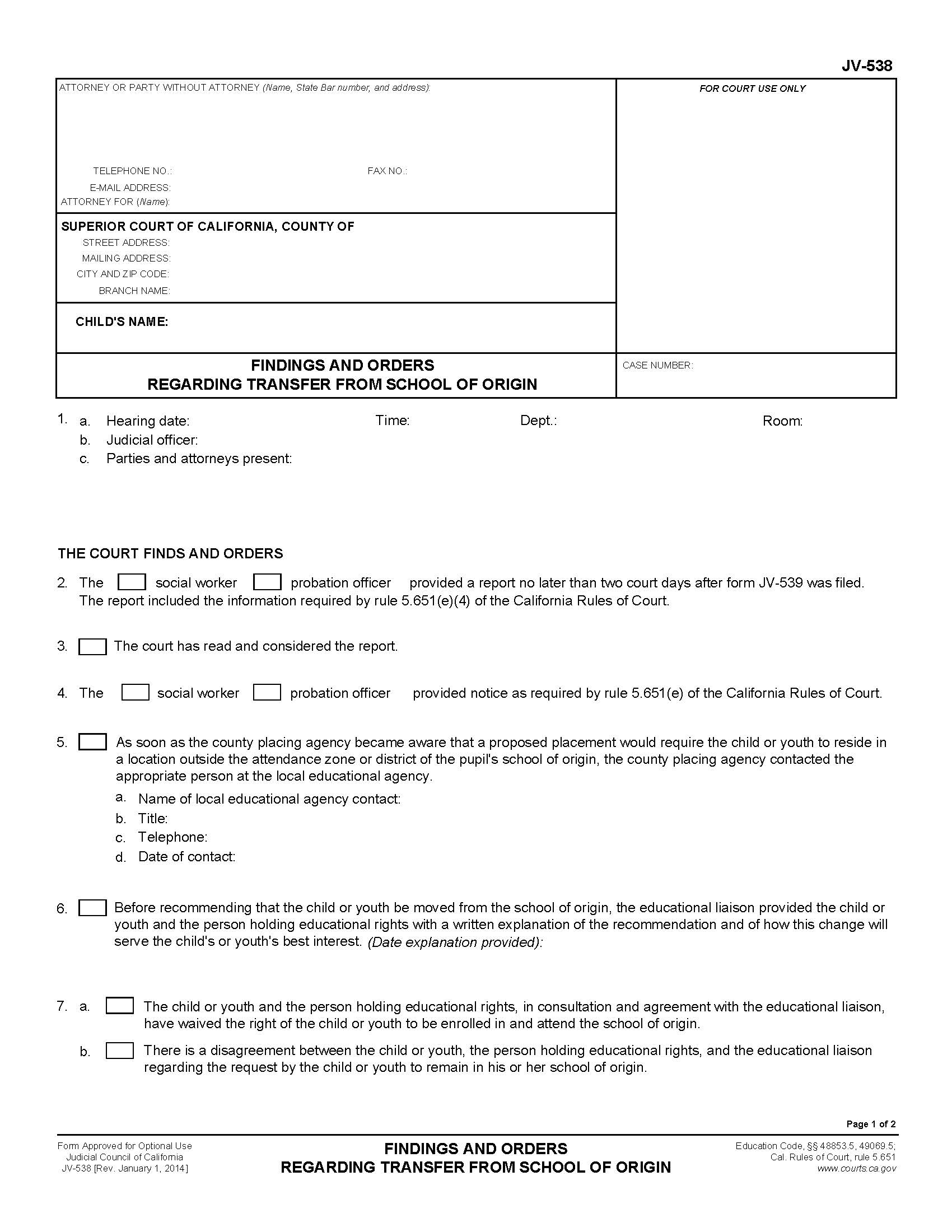 Findings And Orders Regarding Tranfer From School Of Origin {JV-538} | Pdf Fpdf Doc Docx | California