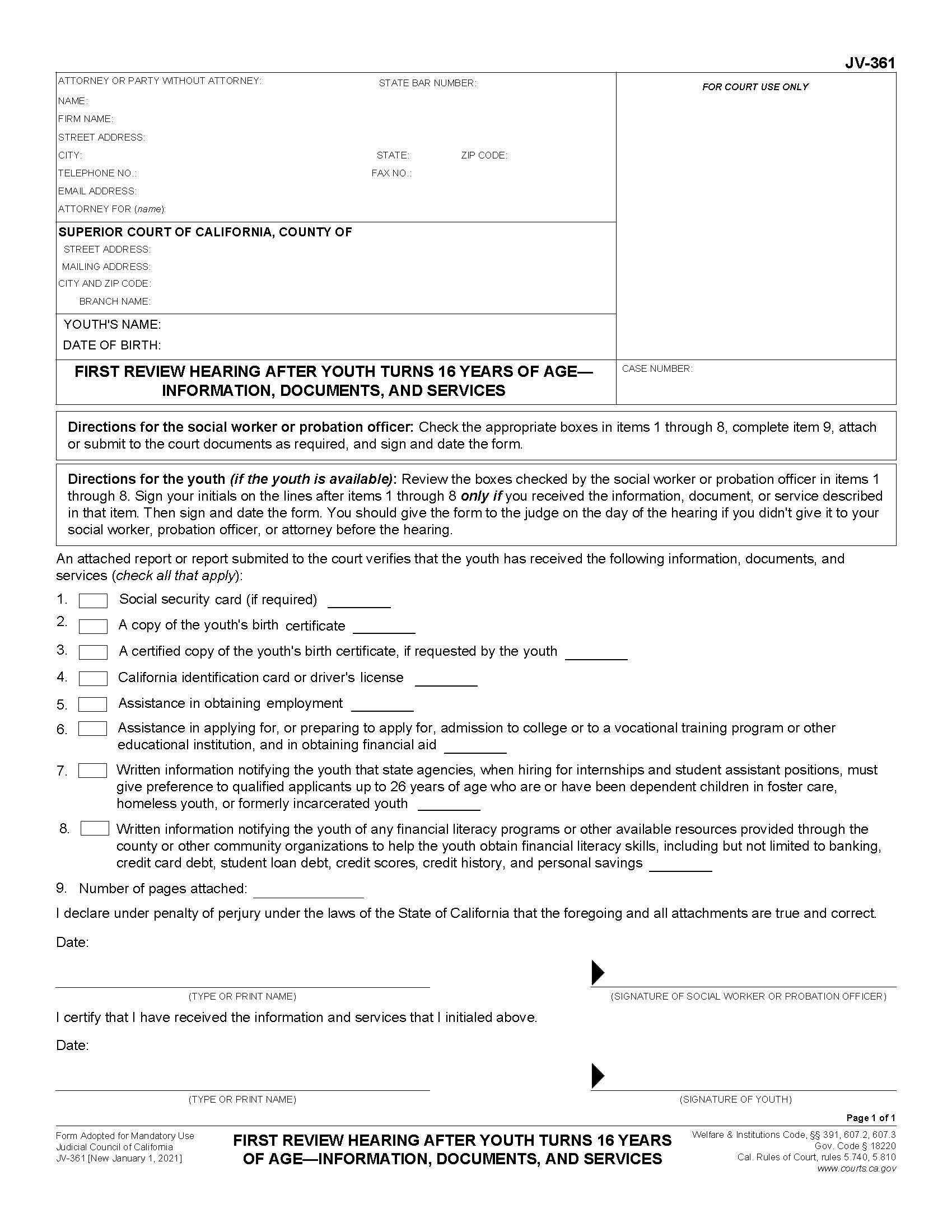 First Review Hearing After Youth Turns 16 Years Of Age {JV-361} | Pdf Fpdf Docx | California