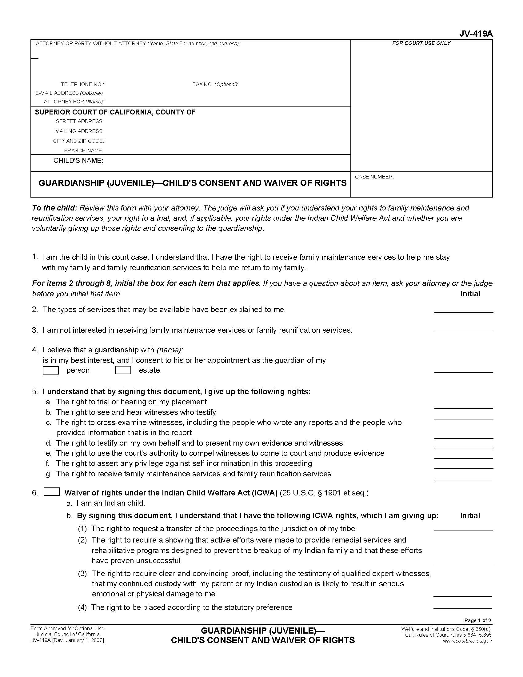 Guardianship (Juvenile)-Childs Consent And Waiver Of Rights {JV-419A} | Pdf Fpdf Doc Docx | California