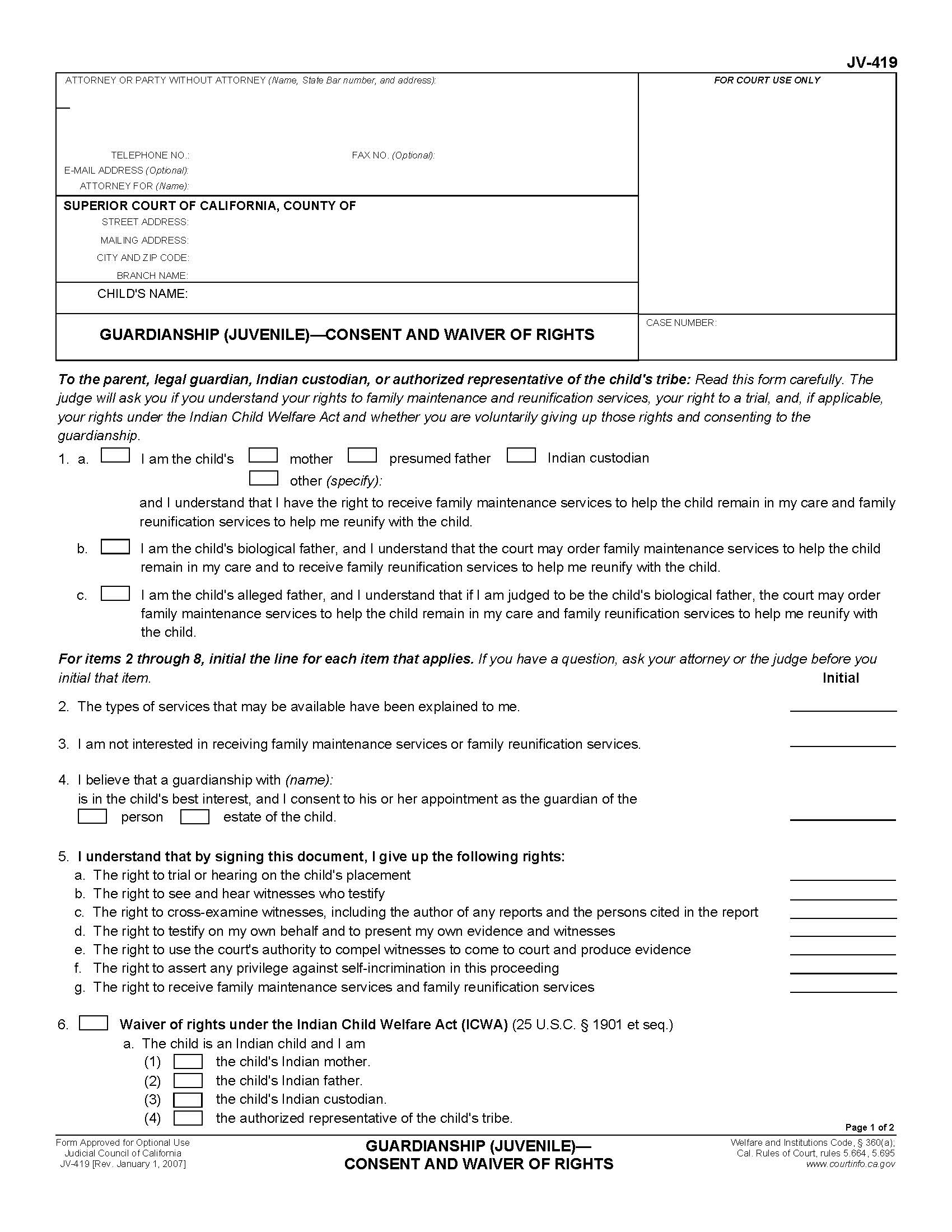Guardianship (Juvenile)-Consent And Waiver Of Rights {JV-419} | Pdf Fpdf Doc Docx | California