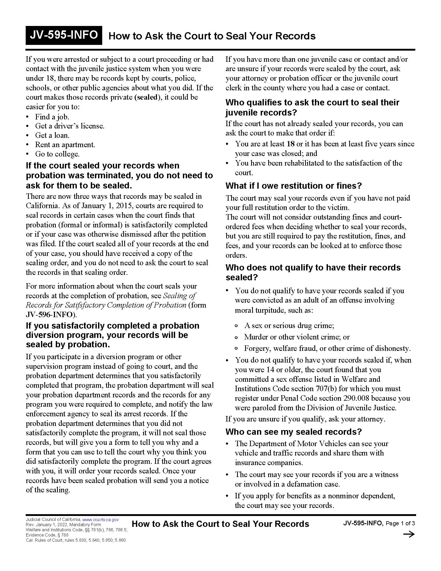 How To Ask The Court To Seal Your Records {JV-595-INFO} | Pdf Fpdf Docx | California