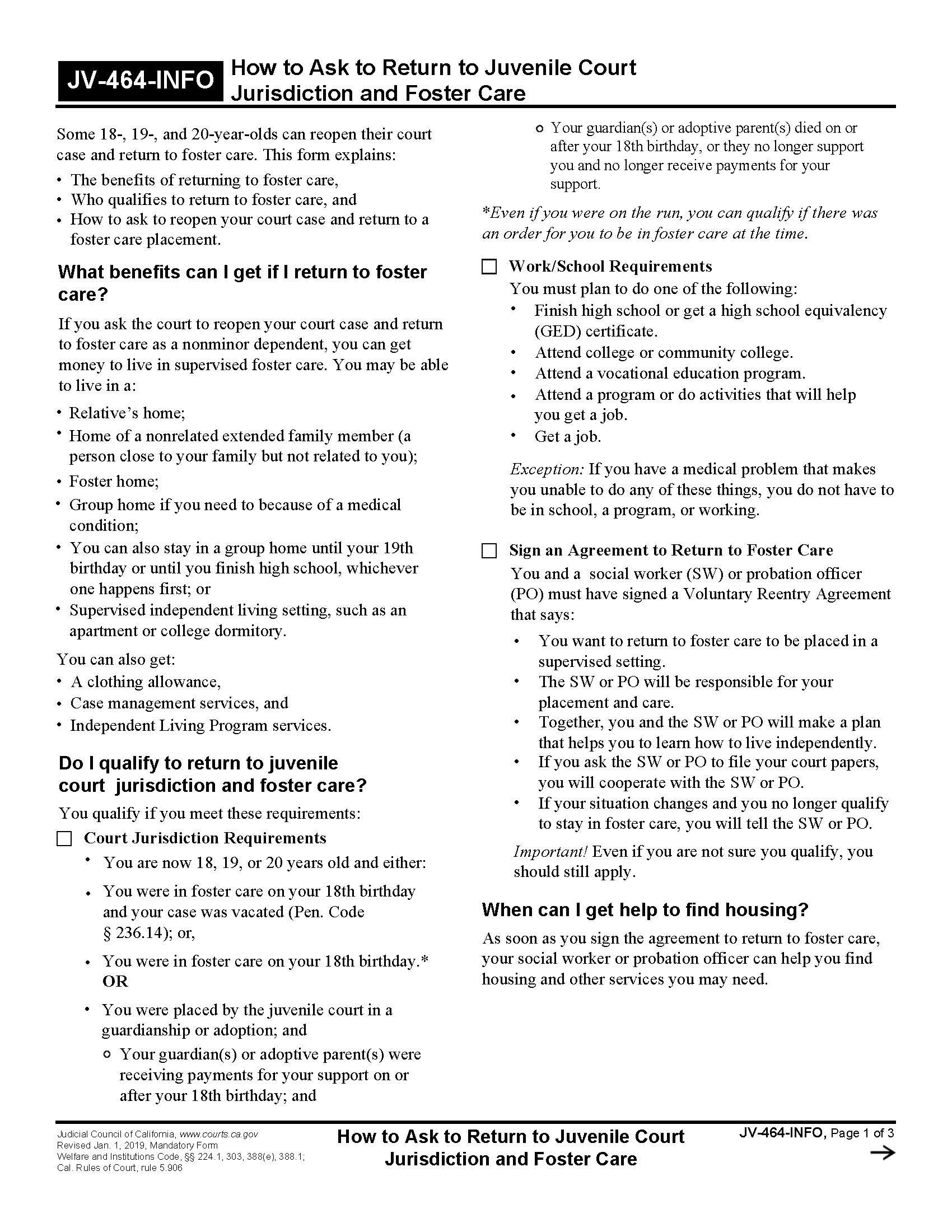 How To Ask To Return To Juvenile Court Jurisdiction And Foster Care {JV-464-INFO} | Pdf Fpdf Docx | California