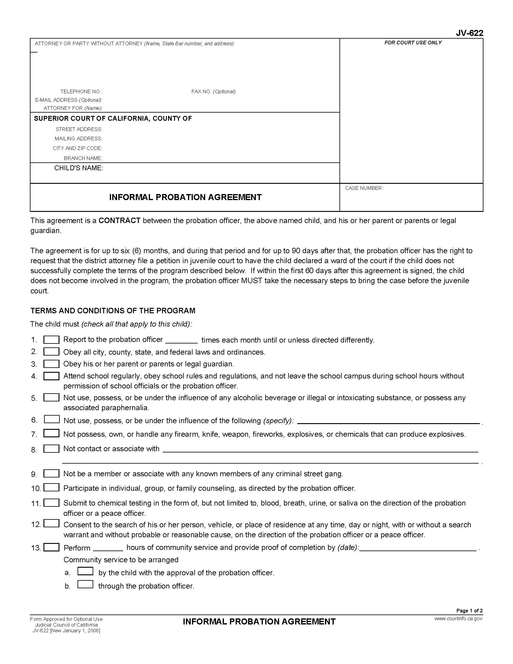 Informal Probation Agreement {JV-622} | Pdf Fpdf Doc Docx | California