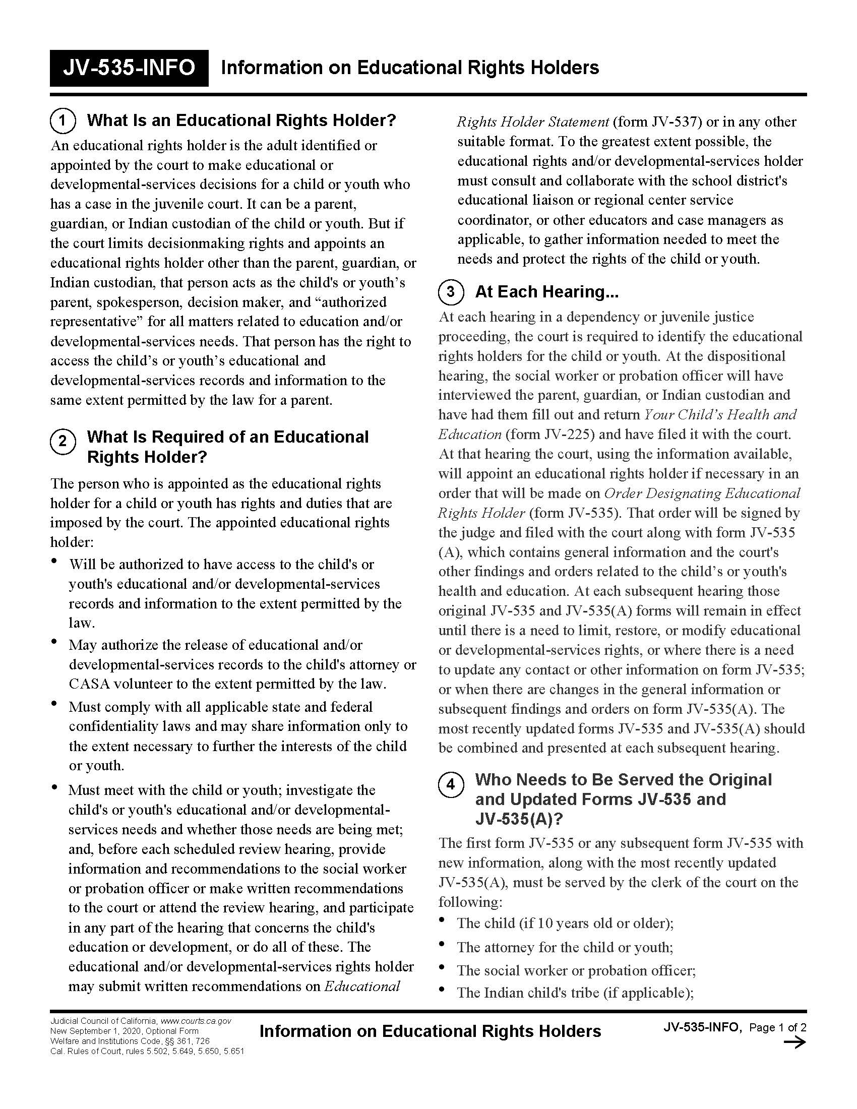Information On Educational Rights Holders {JV-535-INFO} | Pdf Fpdf Docx | California