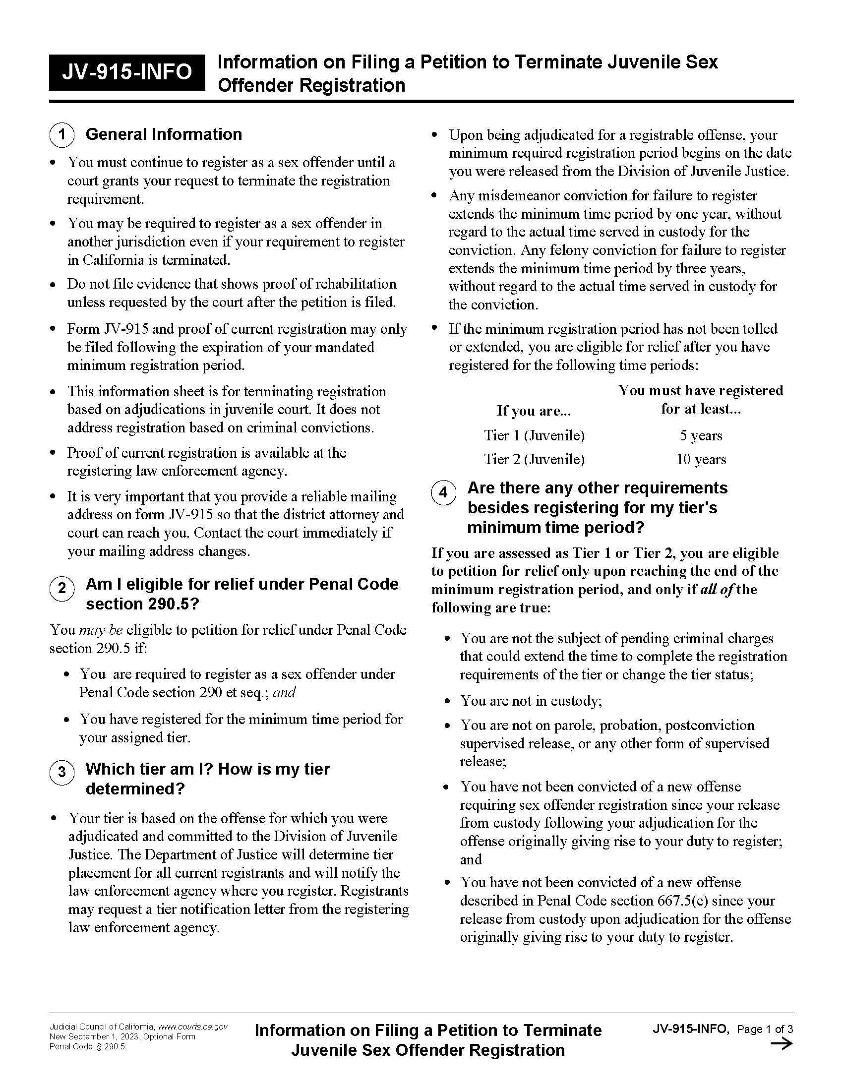Information On Filing A Petition To Terminate Juvenile Sex Offender Registration {JV-915-INFO} | Pdf Fpdf Docx | California