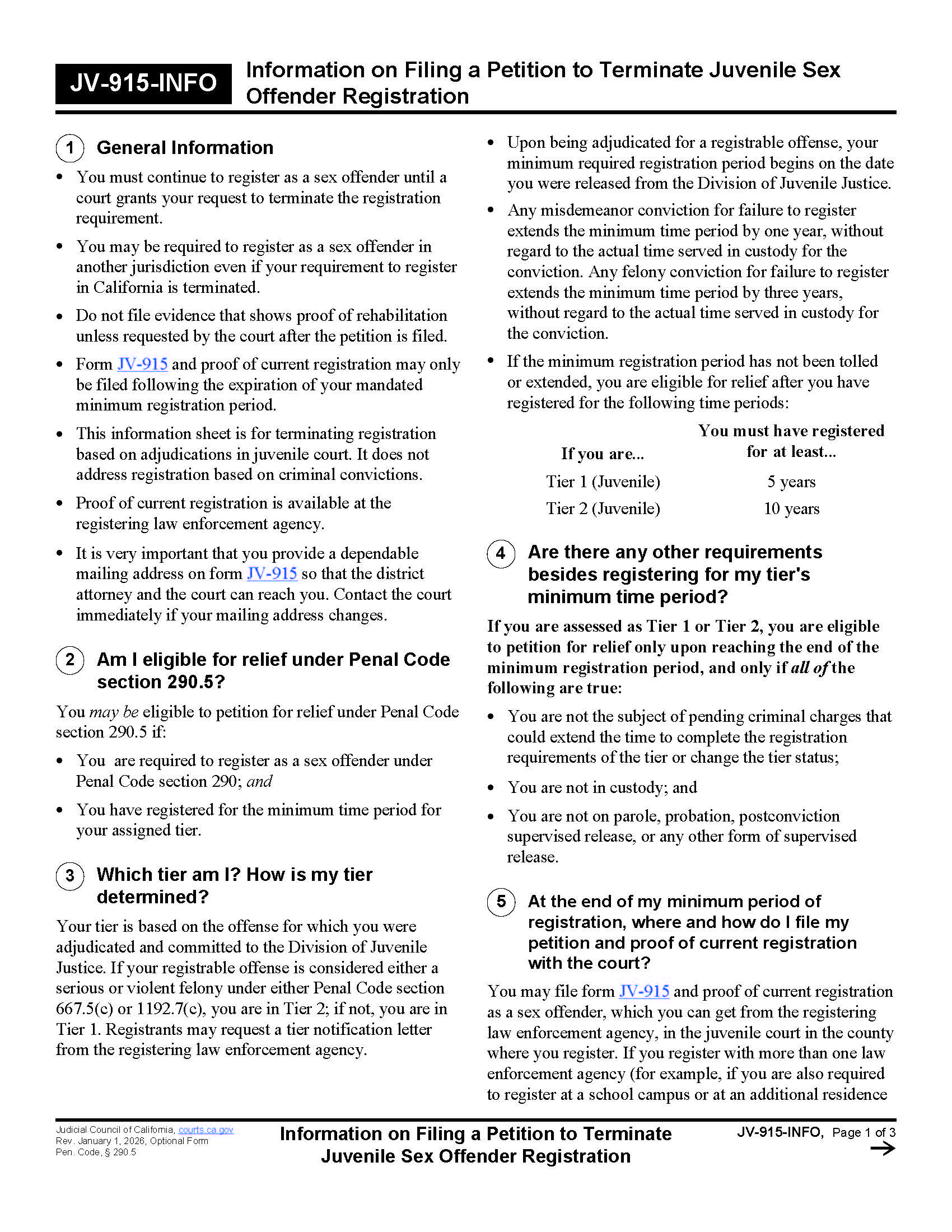 Information On Filing A Petition To Terminate Juvenile Sex Offender Registration {JV-915-INFO} | Pdf Fpdf Docx | California