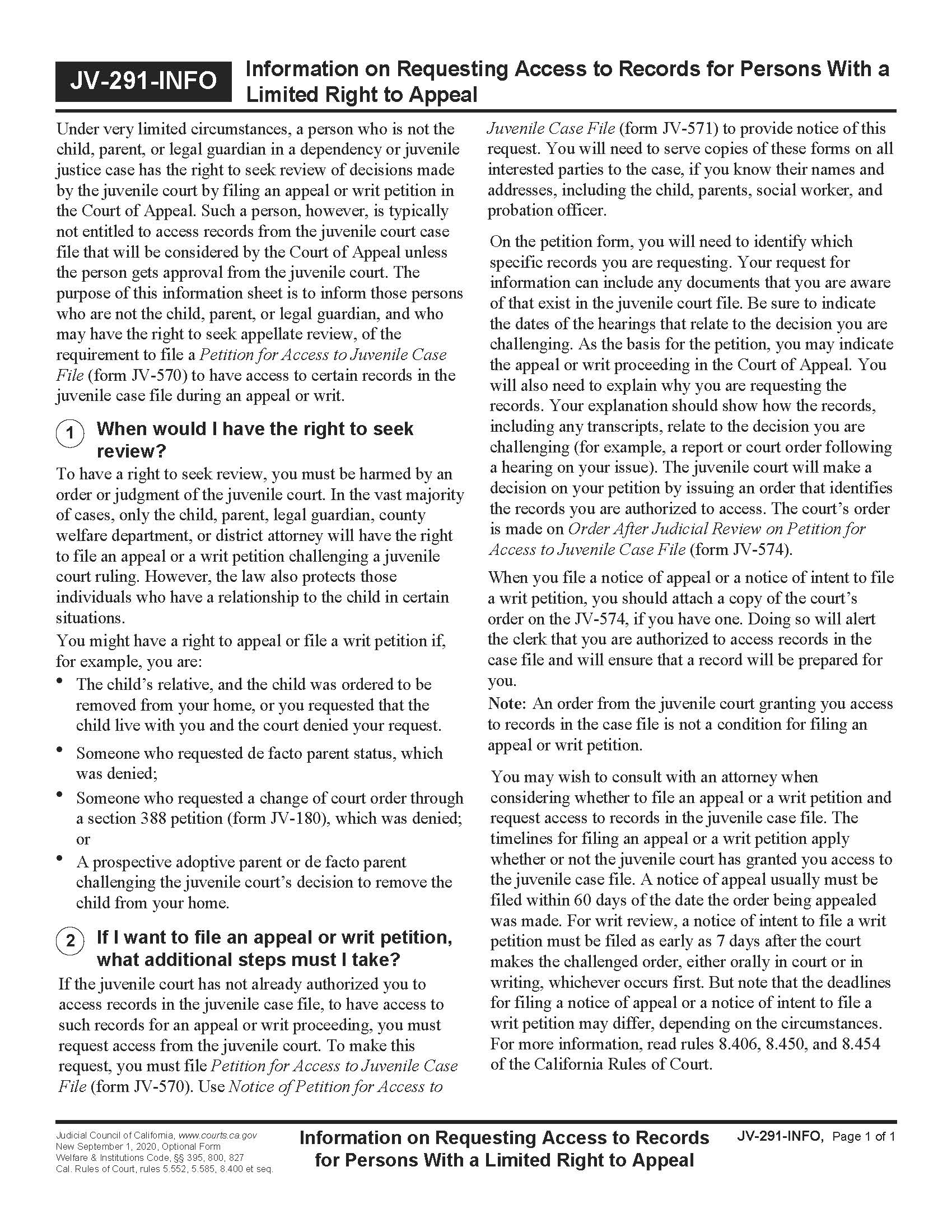 Information On Requesting Access To Records For Person With A Limited Right {JV-291-INFO} | Pdf Fpdf Docx | California