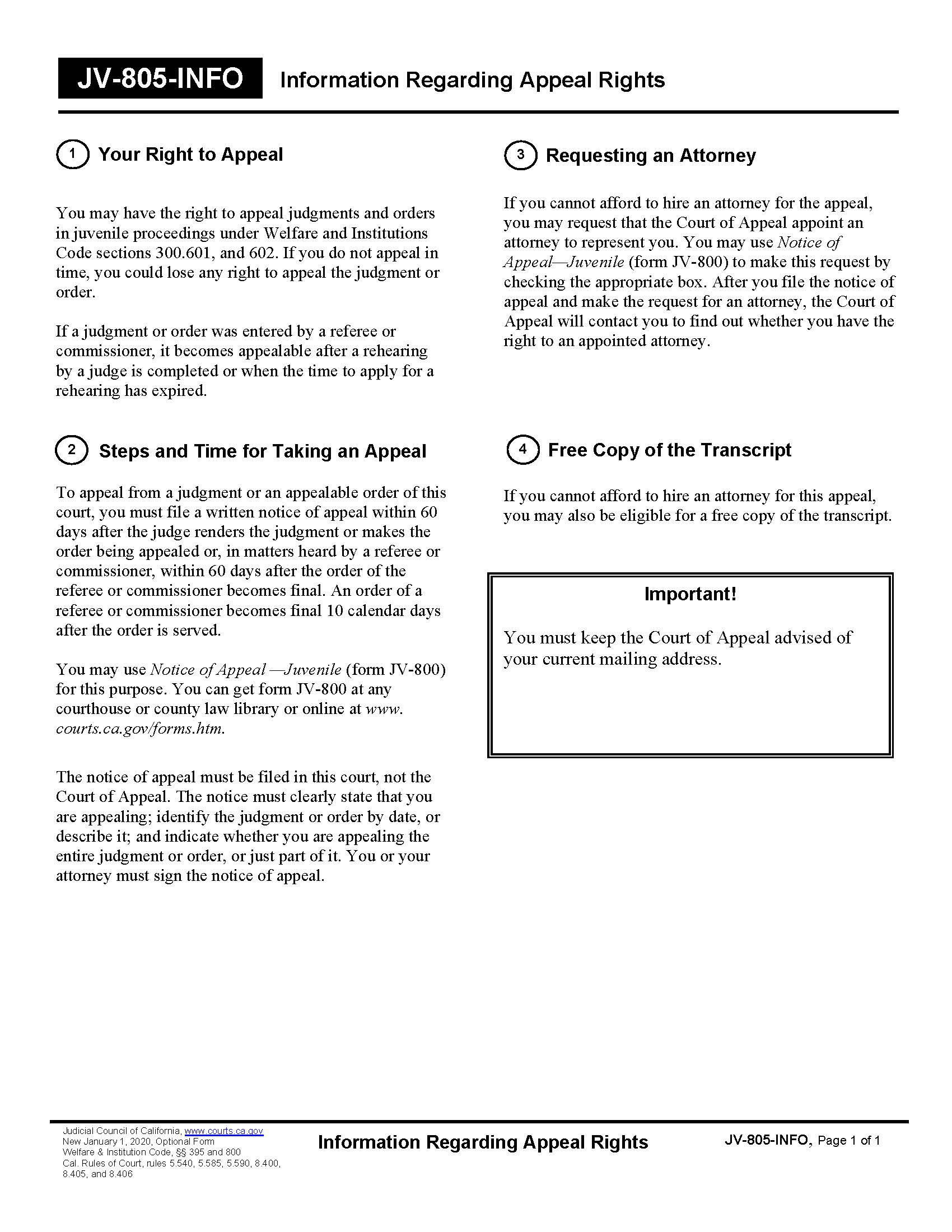 Information Regarding Appeal Rights {JV-805-INFO} | Pdf Fpdf Docx | California